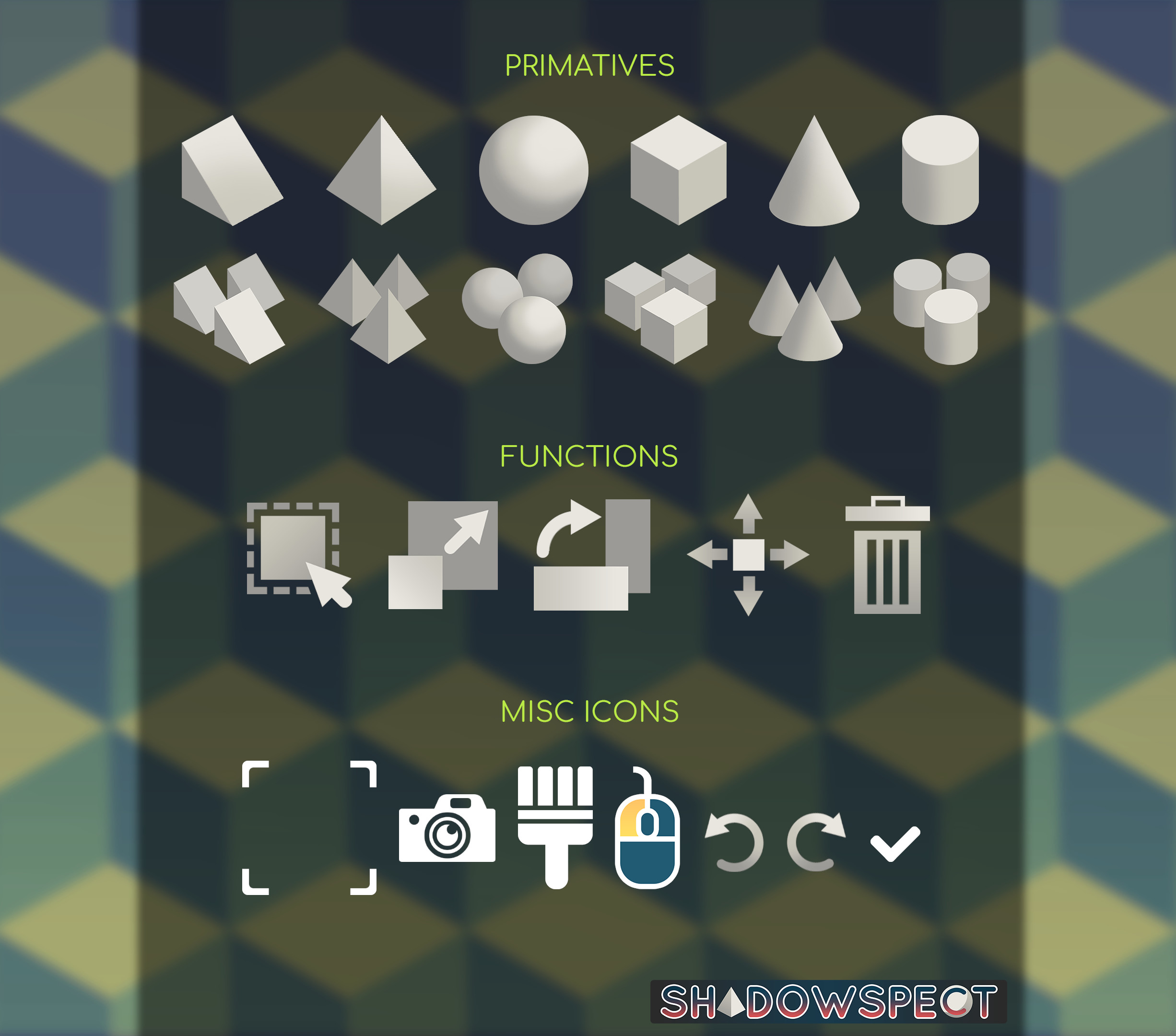 Full icon set for primitives, tools, and other functions