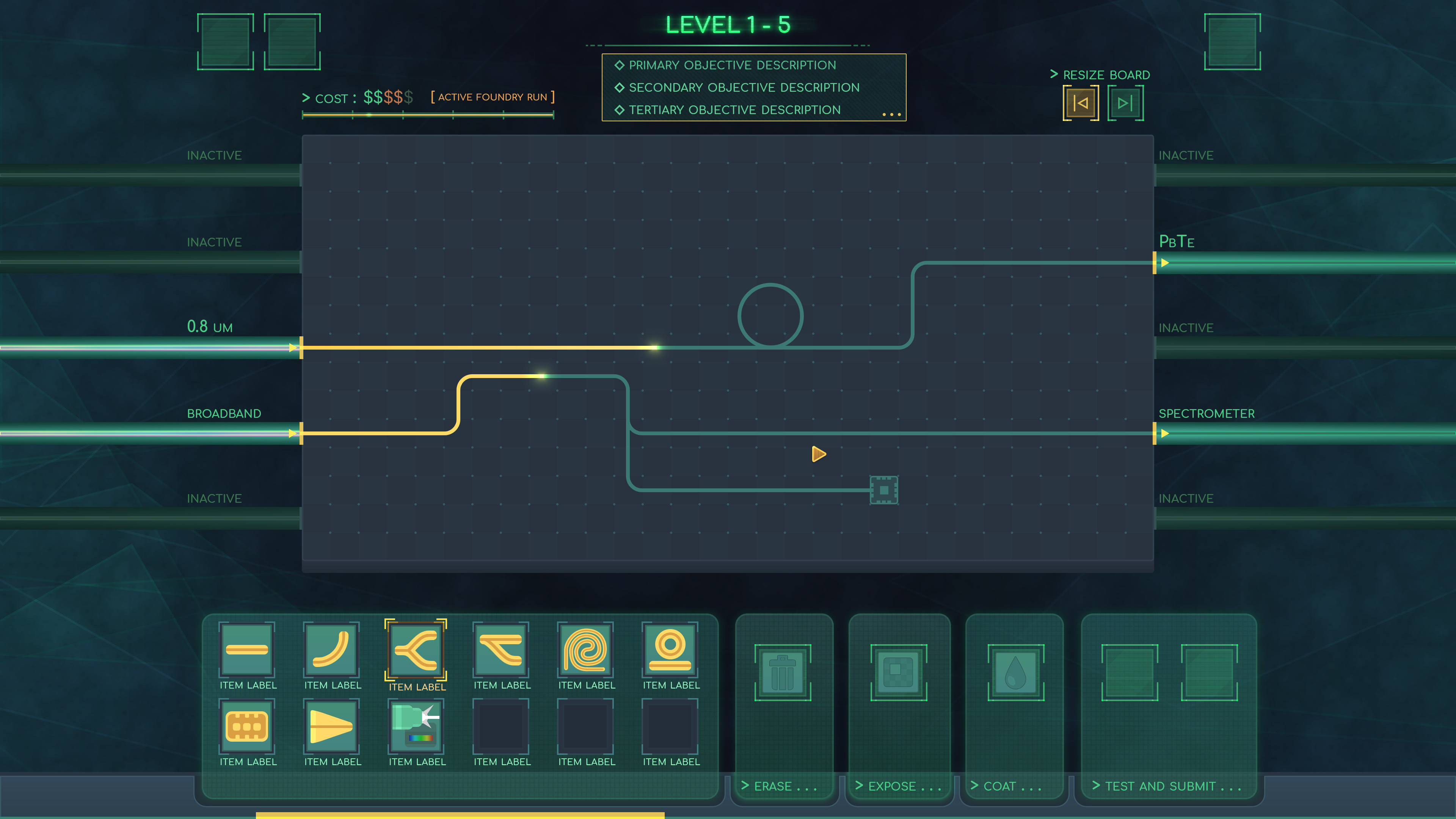 The main view of the circuit. Players place components to connect the fiber optic lasers on the left with spectrometors on the right side of the board.