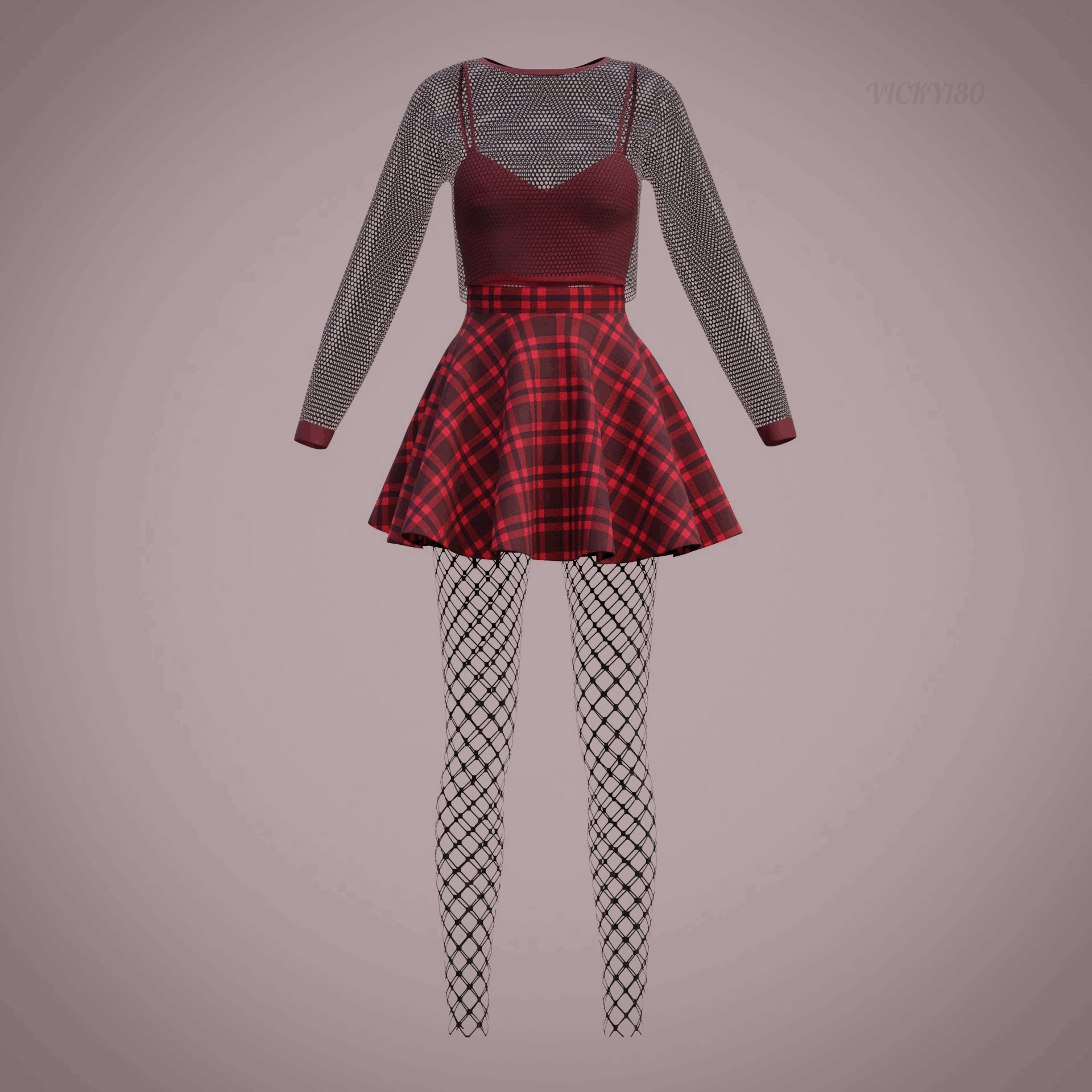 ArtStation Grunge plaid skirt and sheer blouse Fishnet Outfit 3d Model
