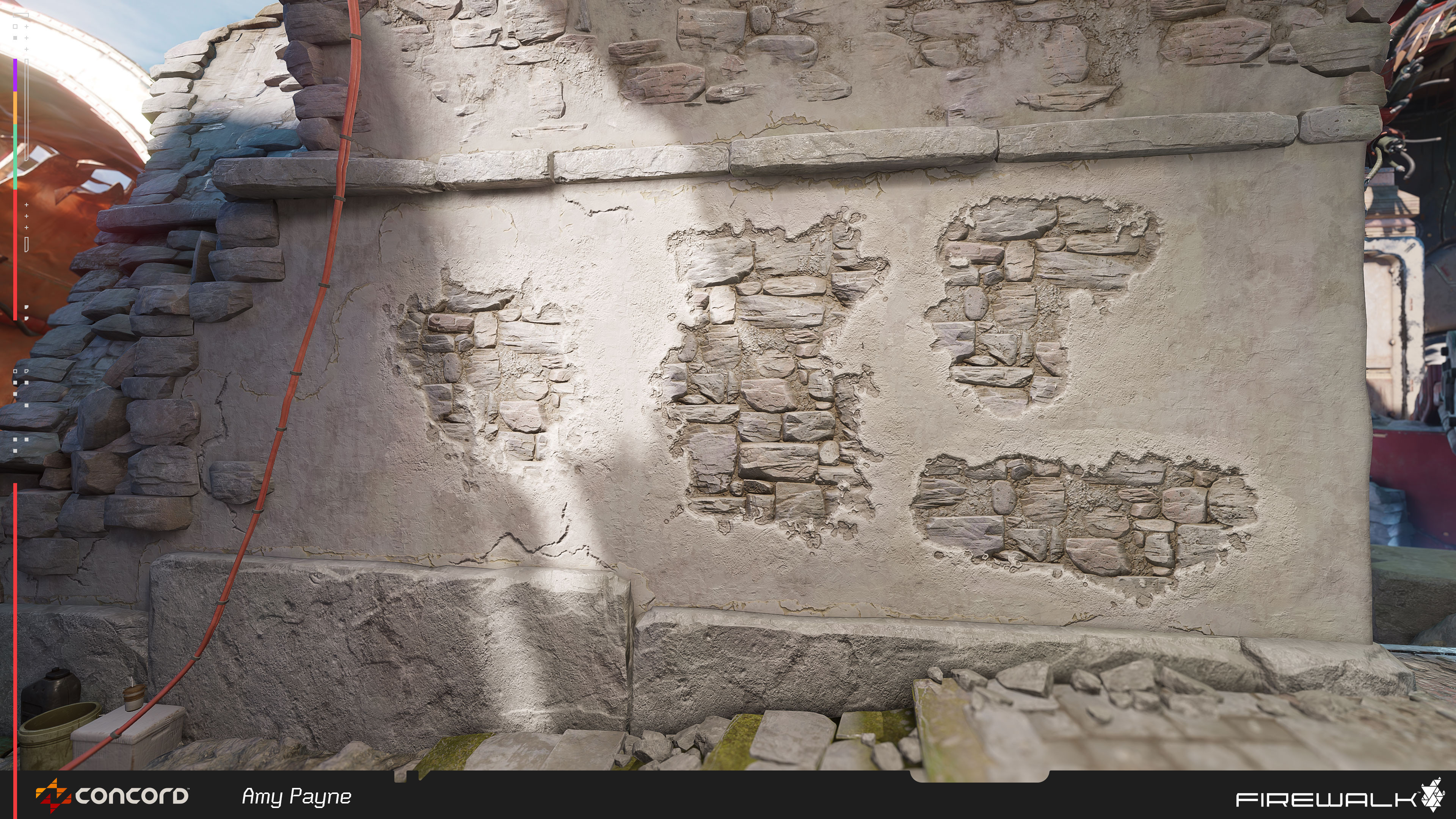 Created with a combination of decals, meshes, and materials, these reveal decals were instrumental in selling the ruined look of the stone architecture in this level. Stones by Mak Malovic.