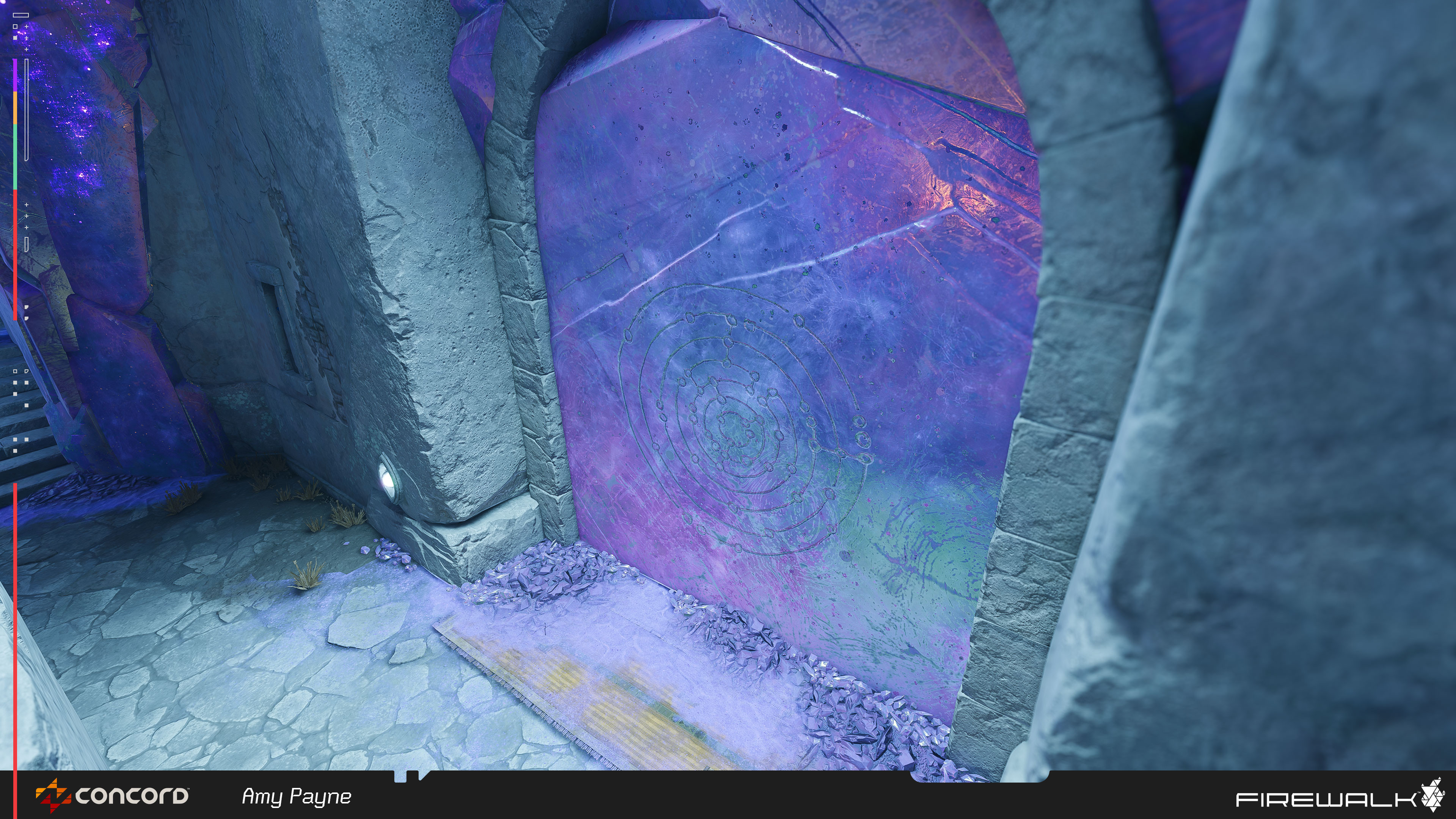 Thin film and direct lighting make this crystal wall feel more bright, and brings out some blue and green rainbow hues.
