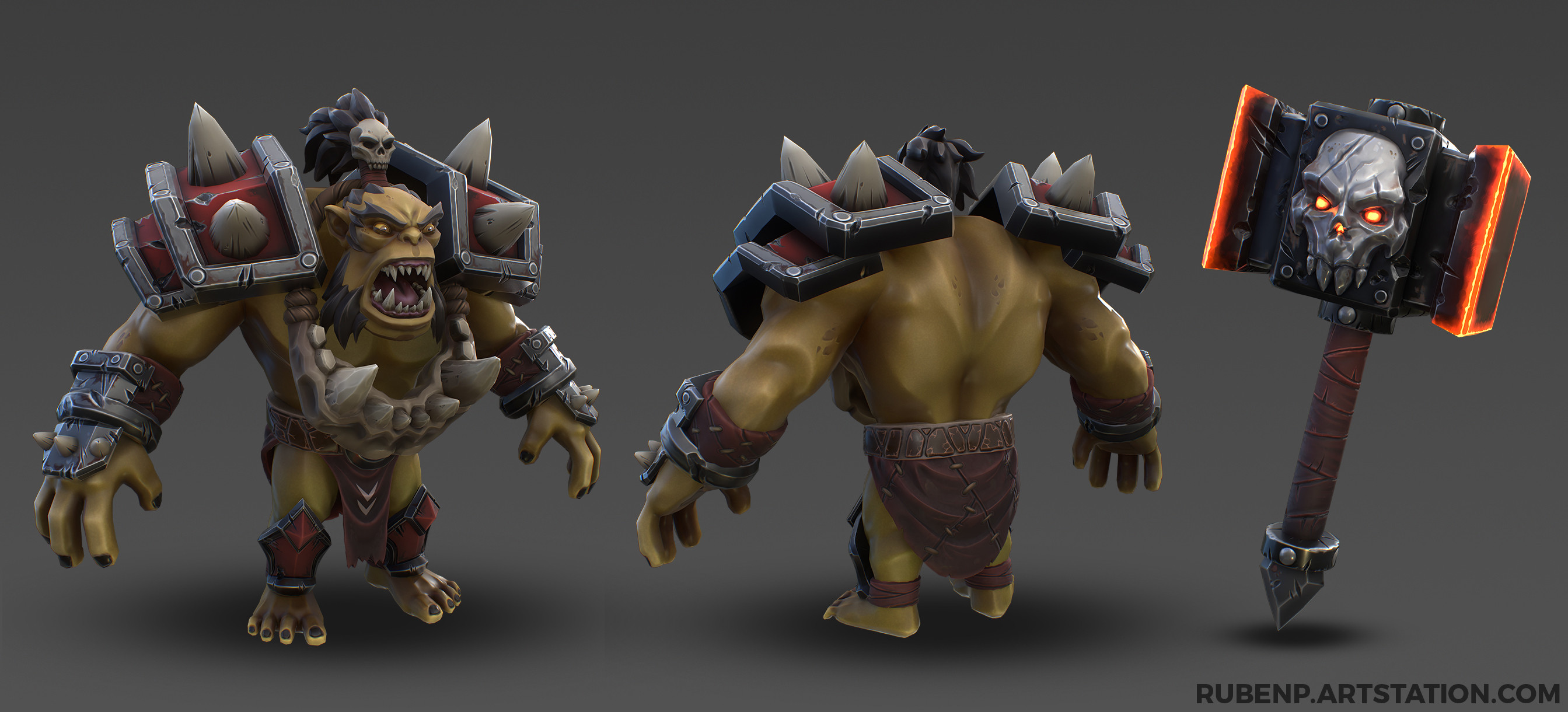 Stylized Orc Grunt T pose renders + hammer prop