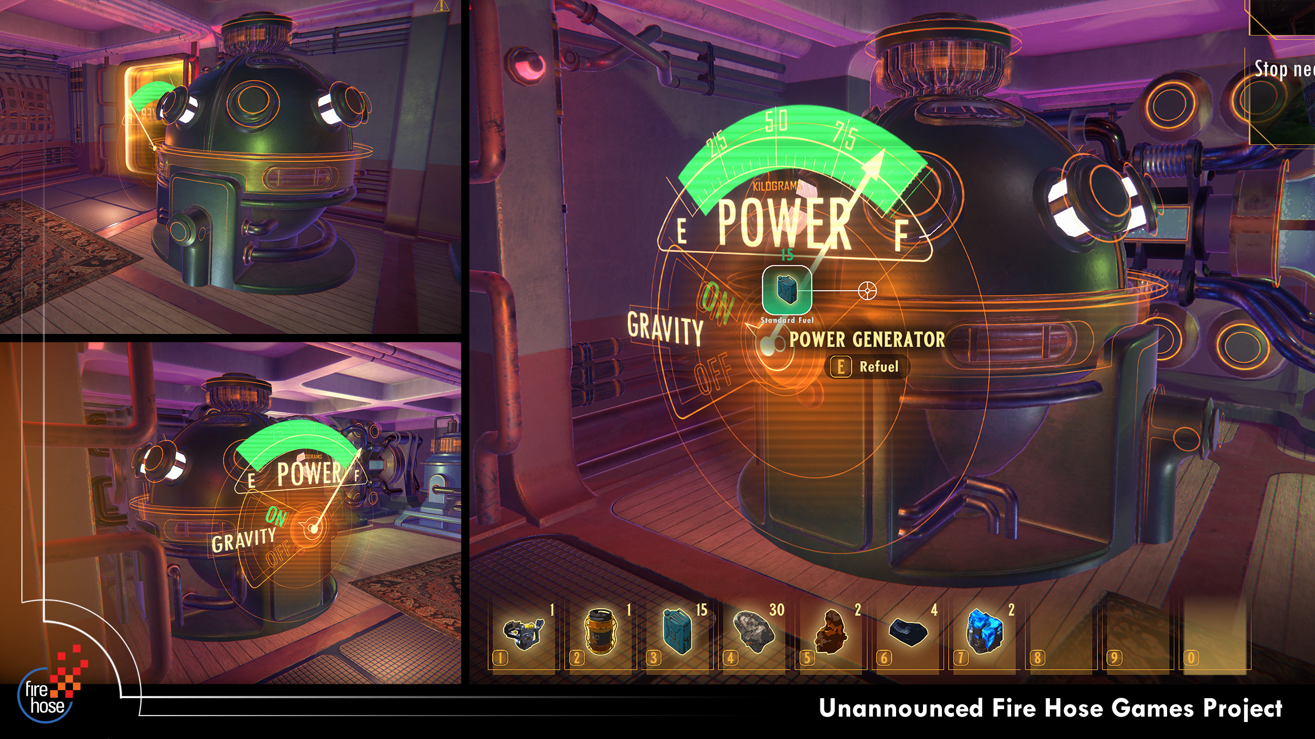 Screenshots of the in-game asset by Matt Duver, derived from my concept model. The hologram displays went through several iterations for readability and to reflect gameplay changes. This updated version shows the fuel level and gravity indicator/switch.
