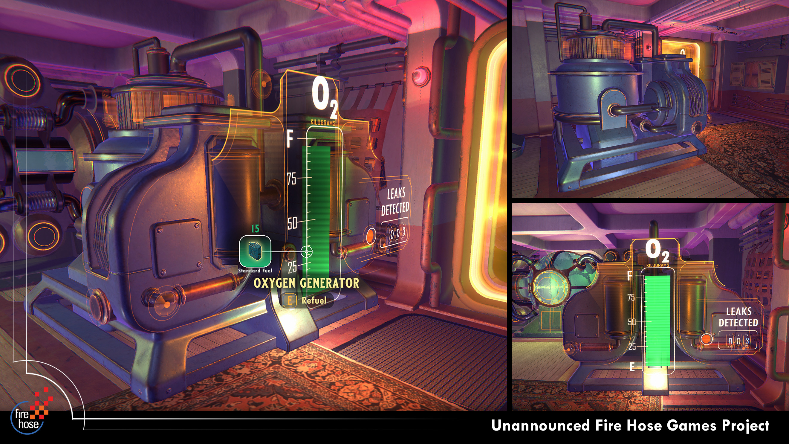 Screenshots of the in-game asset by Matt Duver, derived from my concept model. The hologram displays went through several iterations for readability and to reflect gameplay changes. This updated version shows the fuel level and leak indicators.