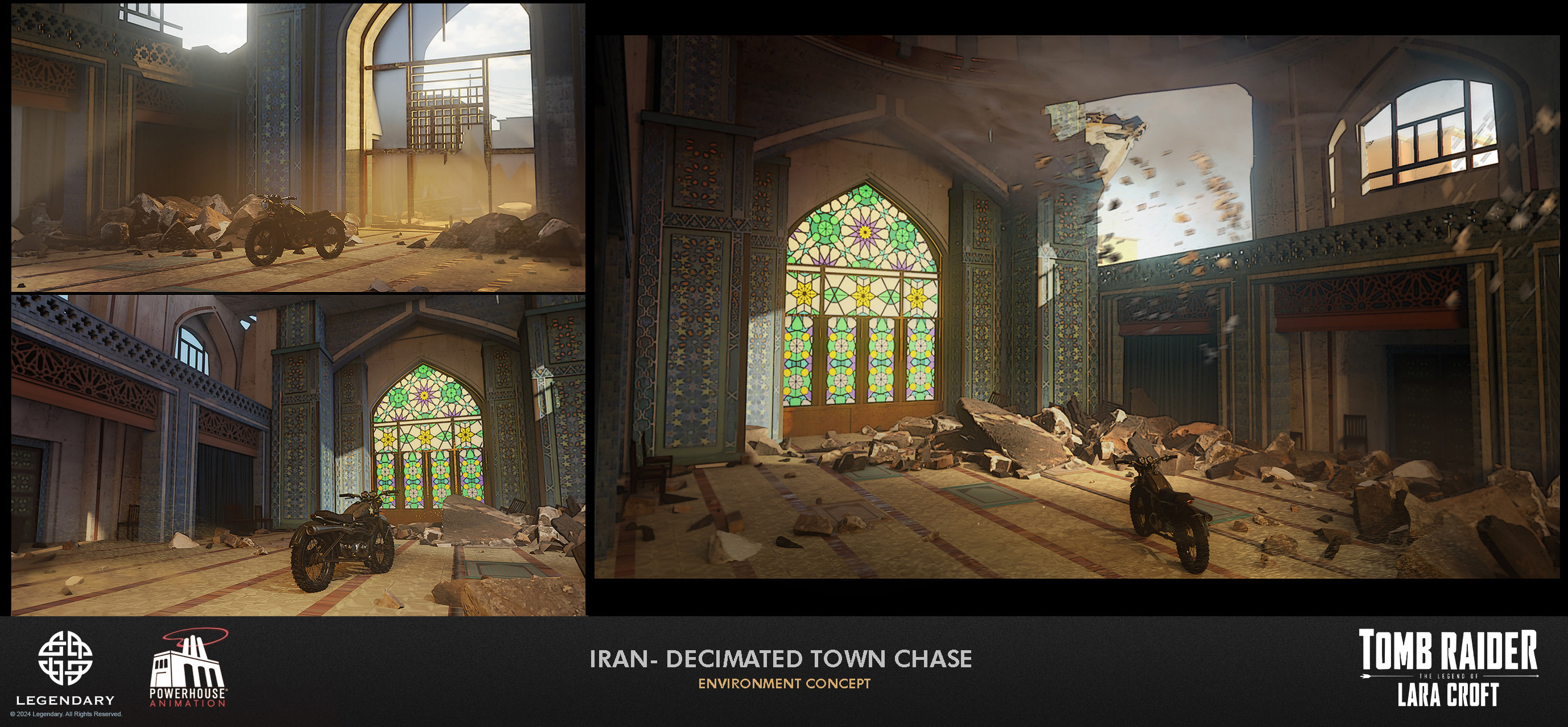 Chase sequence concepts. Mosque window that Lara drives through. 
