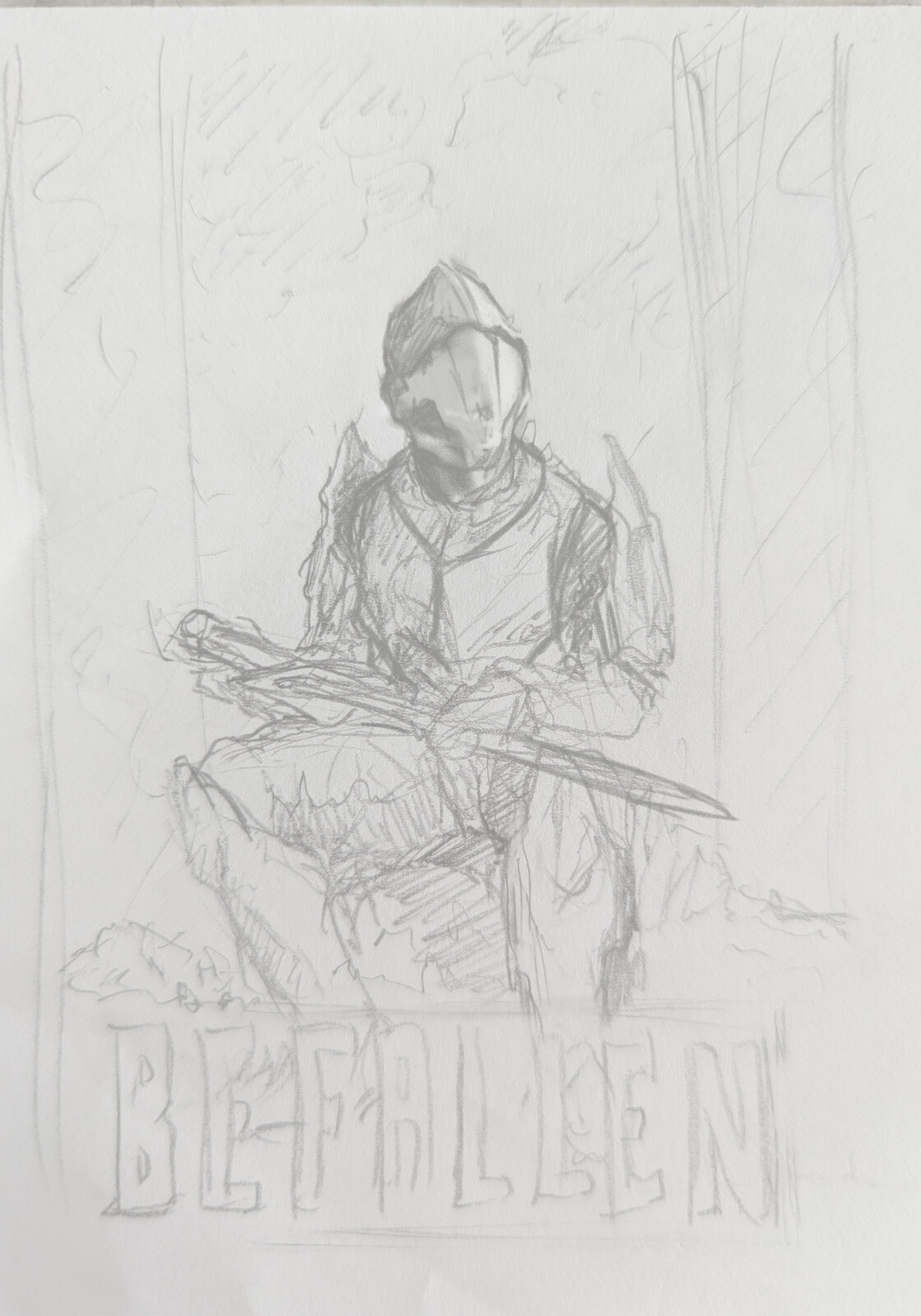 Original sketch, including text at the bottom of the field and left and right side borders. In the end, I adjusted the composition to include text behind the main figure to create more contrast across the entire cover design.