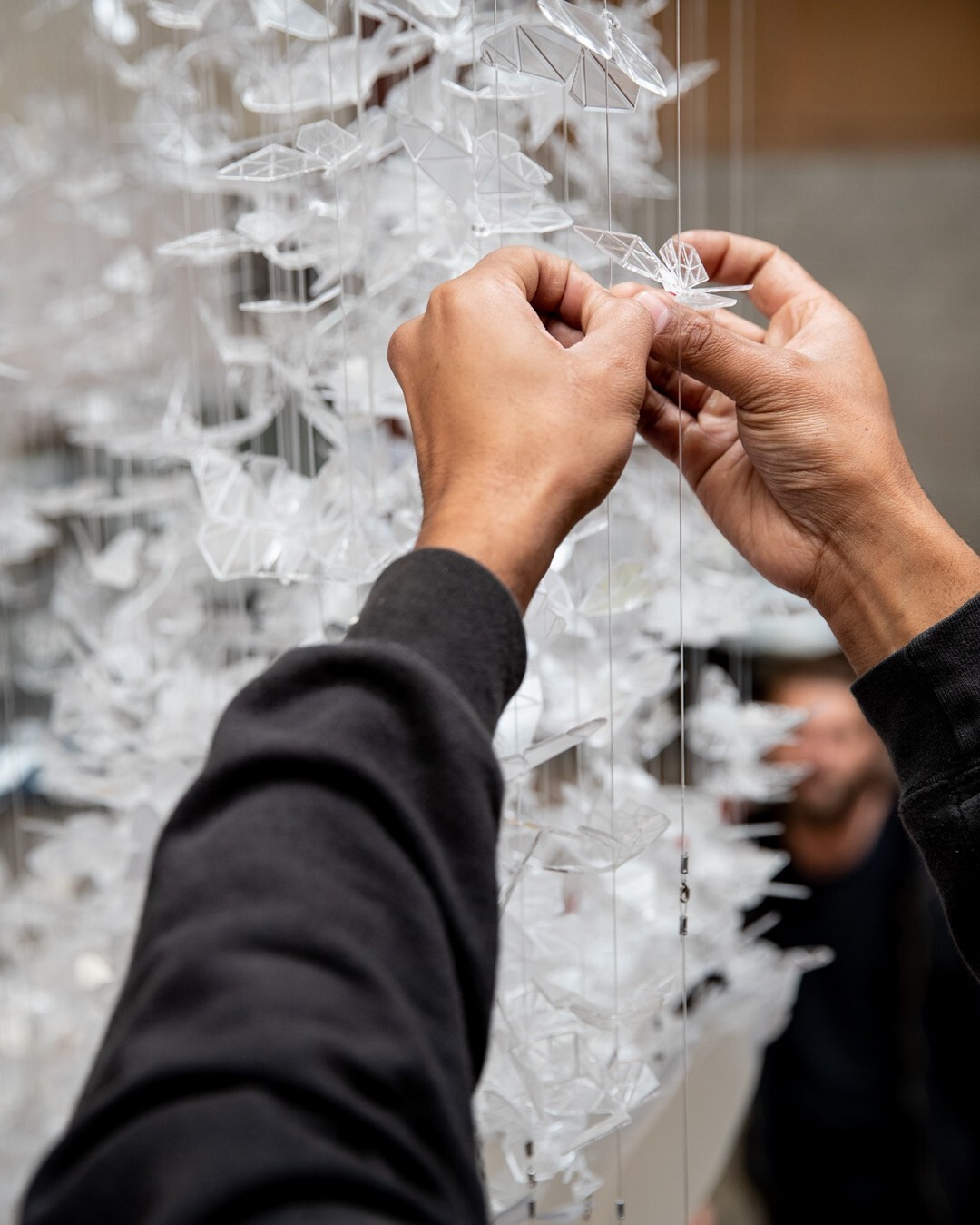 Nizaad Shah shown here attaching one of the 1200 butterflies to the sculpture.