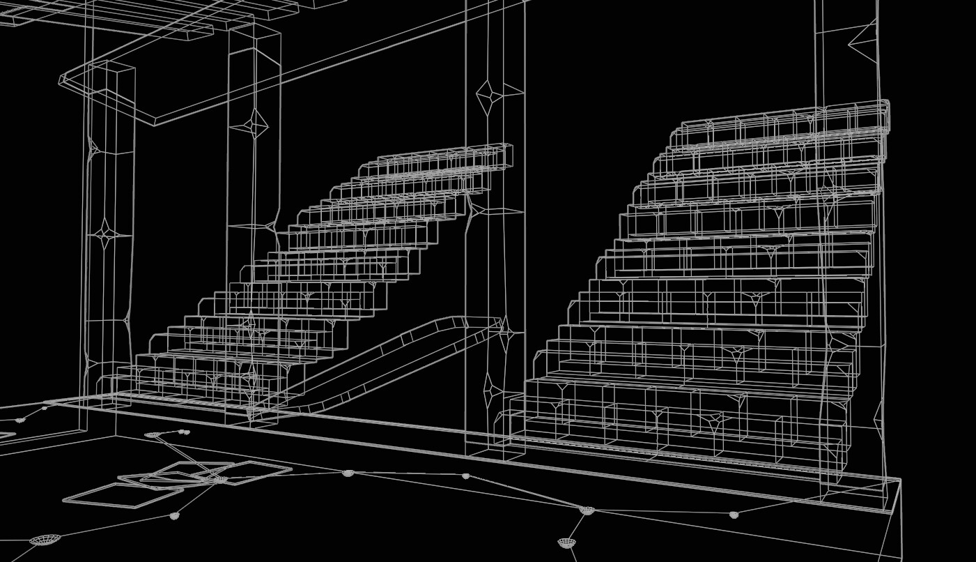 Wireframe view of the modeled stair area.