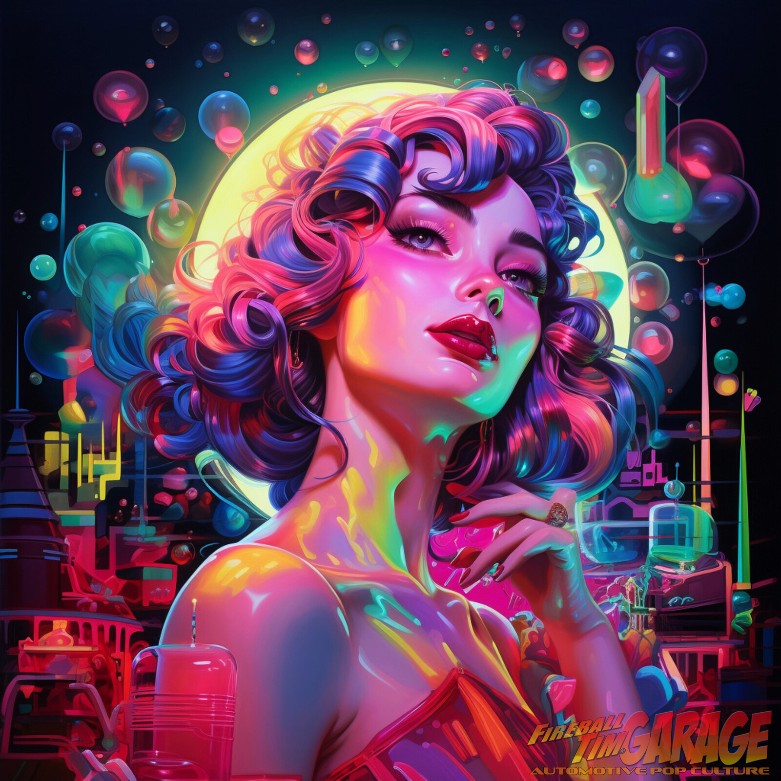 Brunette Bubbler Pinup Automotive Pop Culture Concept Art by Fireball Tim Garage