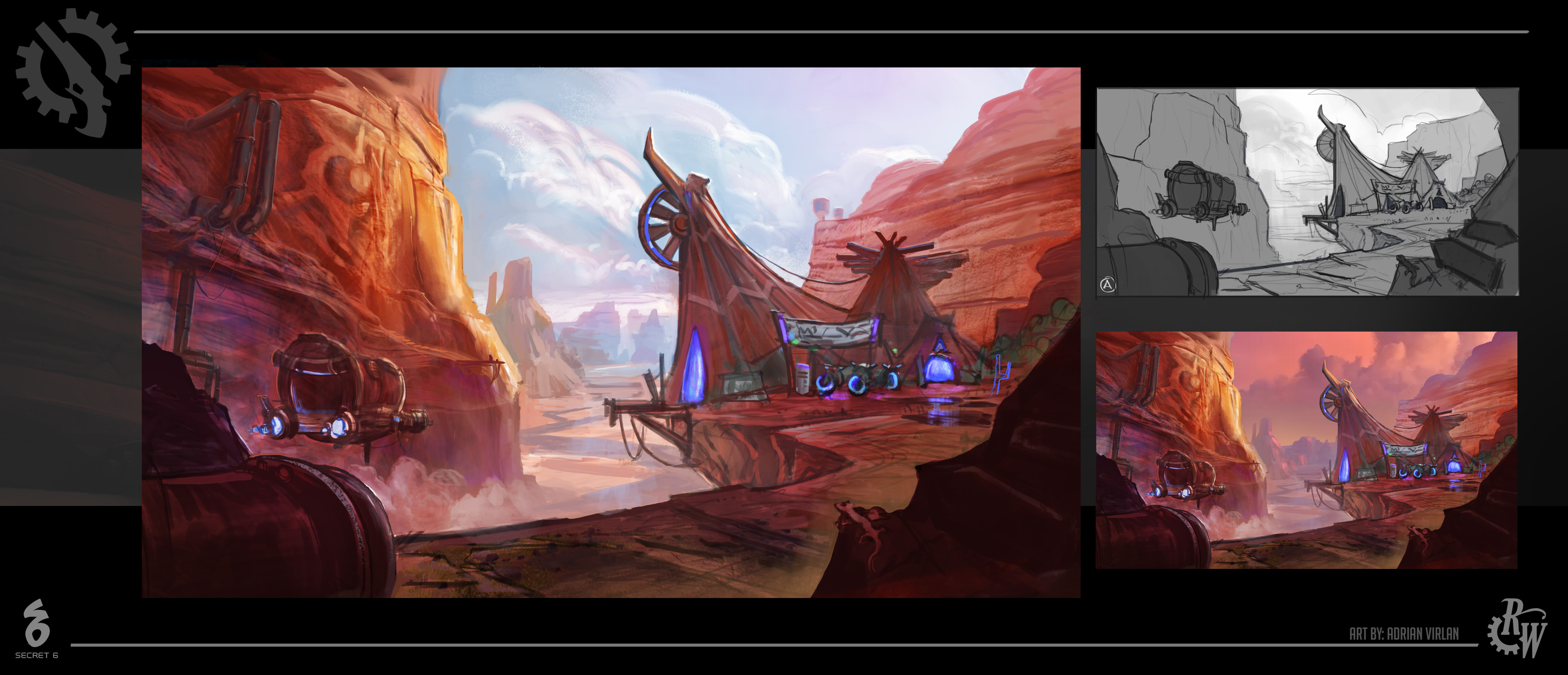 Main scene sketch and general view. I tried a different sky but daytime prevailed