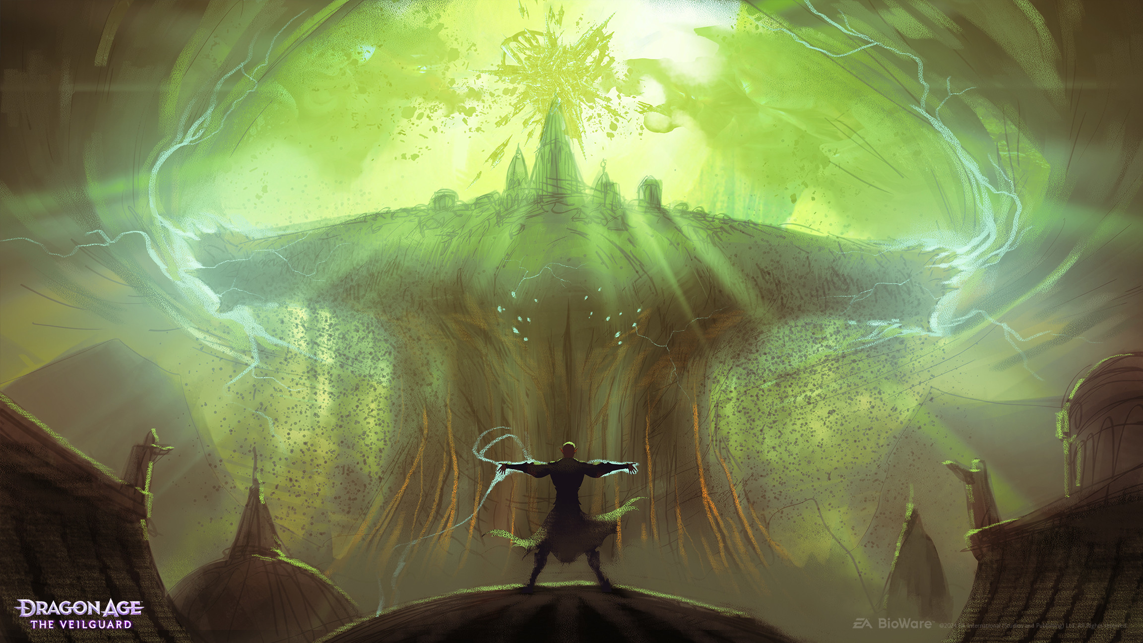 An artist's pitch for a potential end-game. Solas has raised the titan upon which the city of Minrathous had been built, in order to use its strength to tear open the veil. 