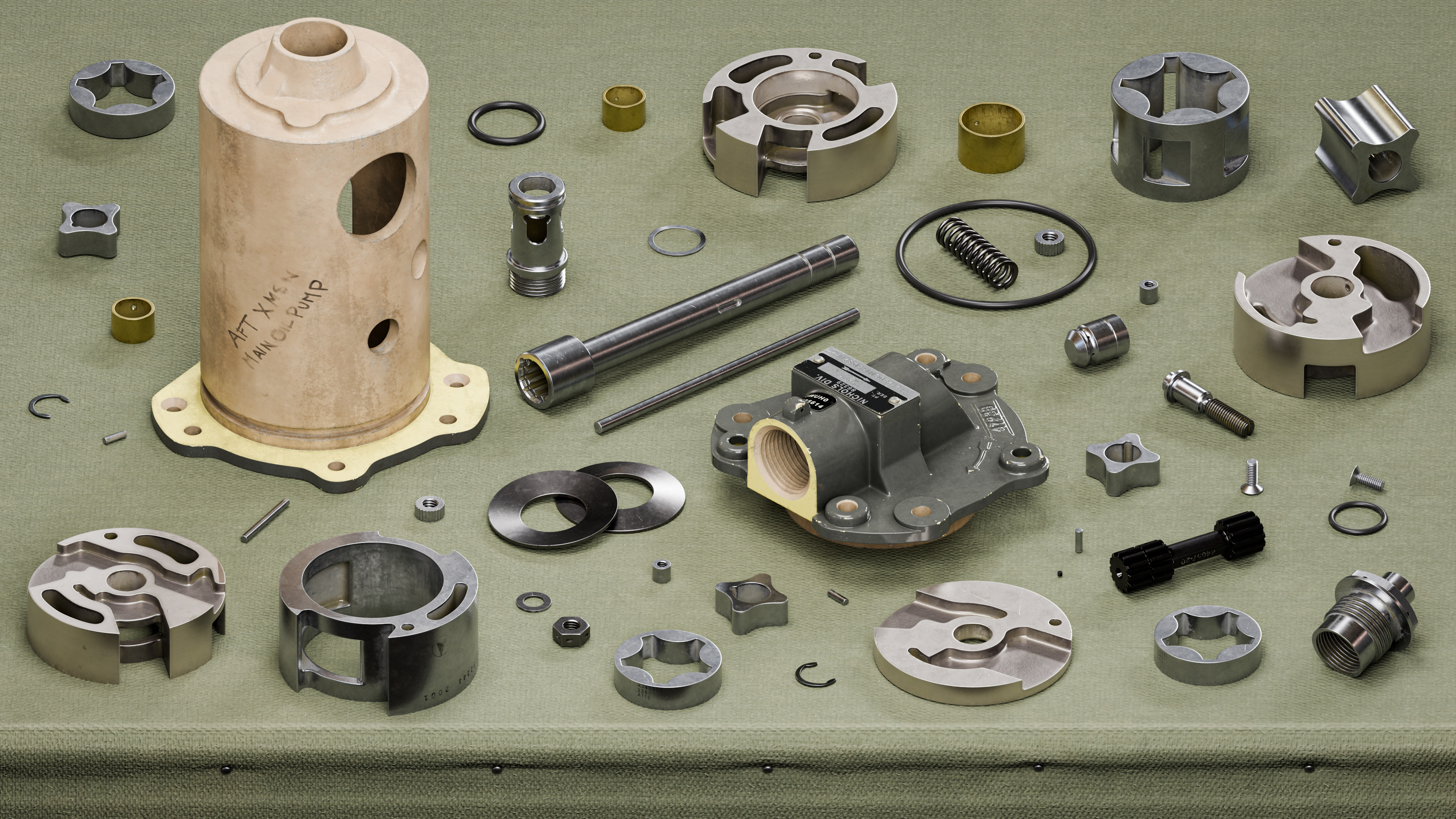 All parts of the transmission disassembled.