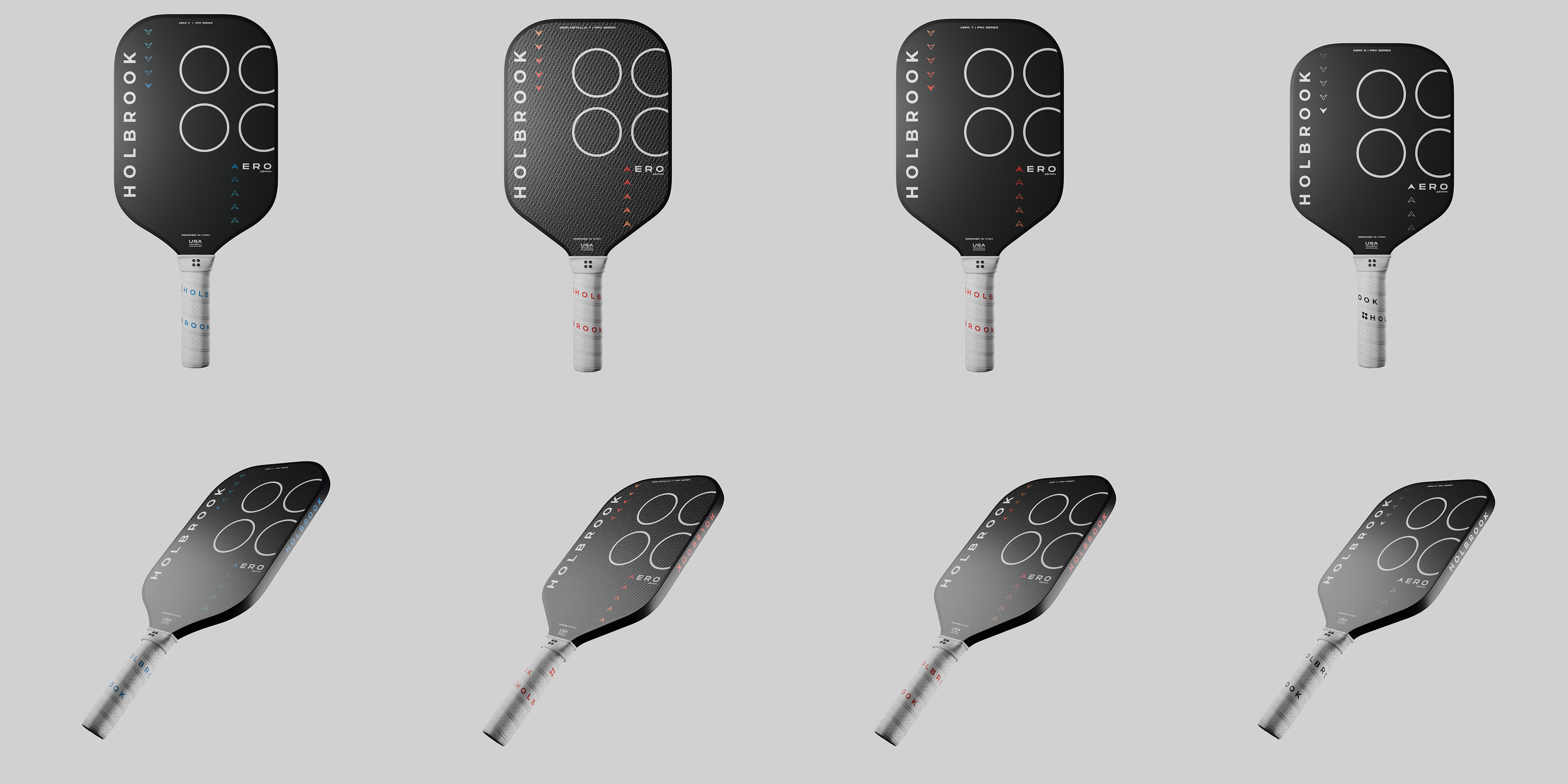 Views of each 16mm Aero paddle - X-series, T Metallic, T-series, S-series.