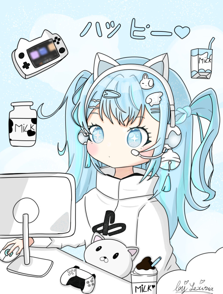 fille manga cheveux bleue gaming jeux vidéo