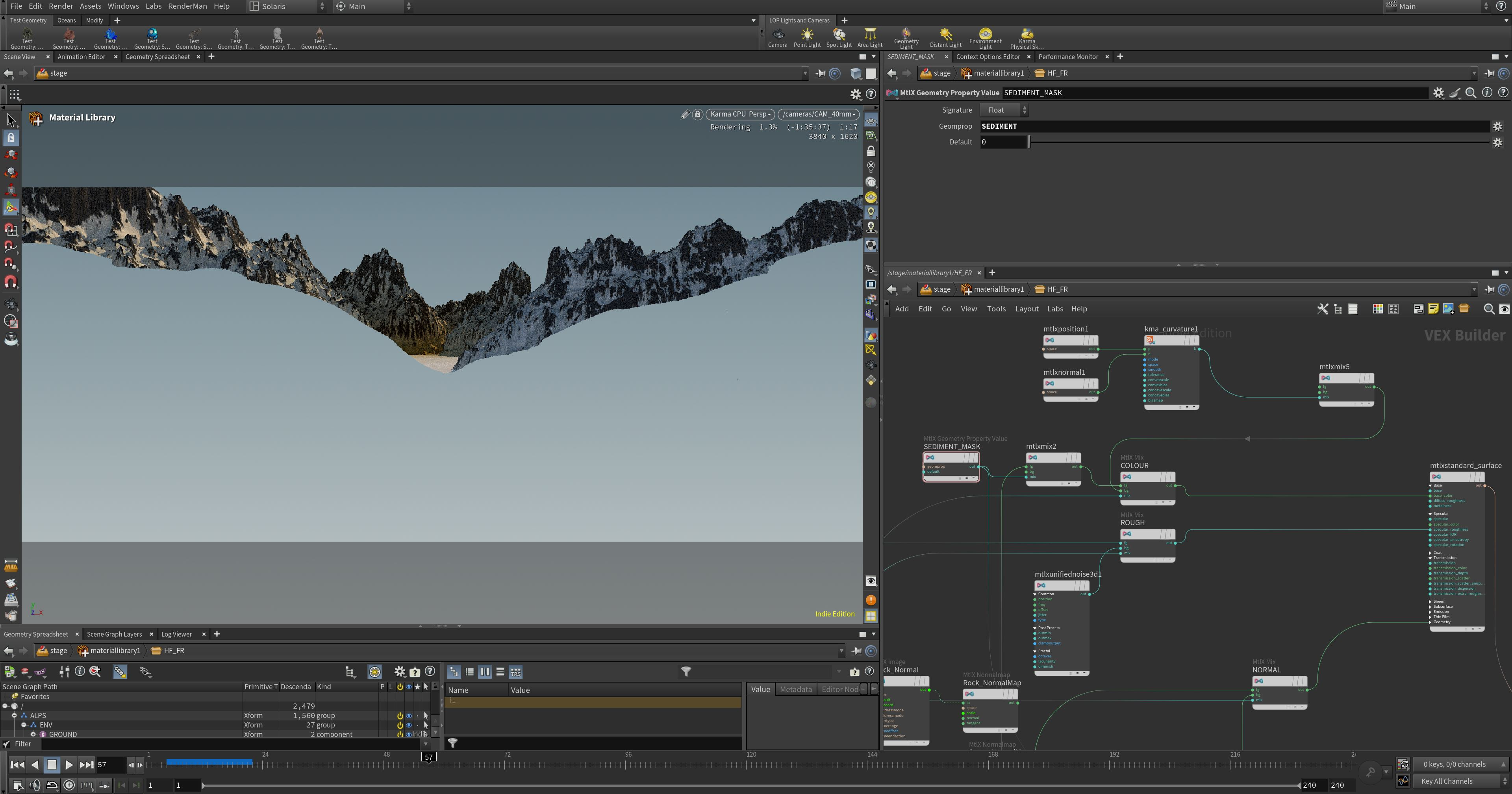 Some of the spaghetti junction of shading nodes, utilising the Geom property nodes to bring in attribute masks. 