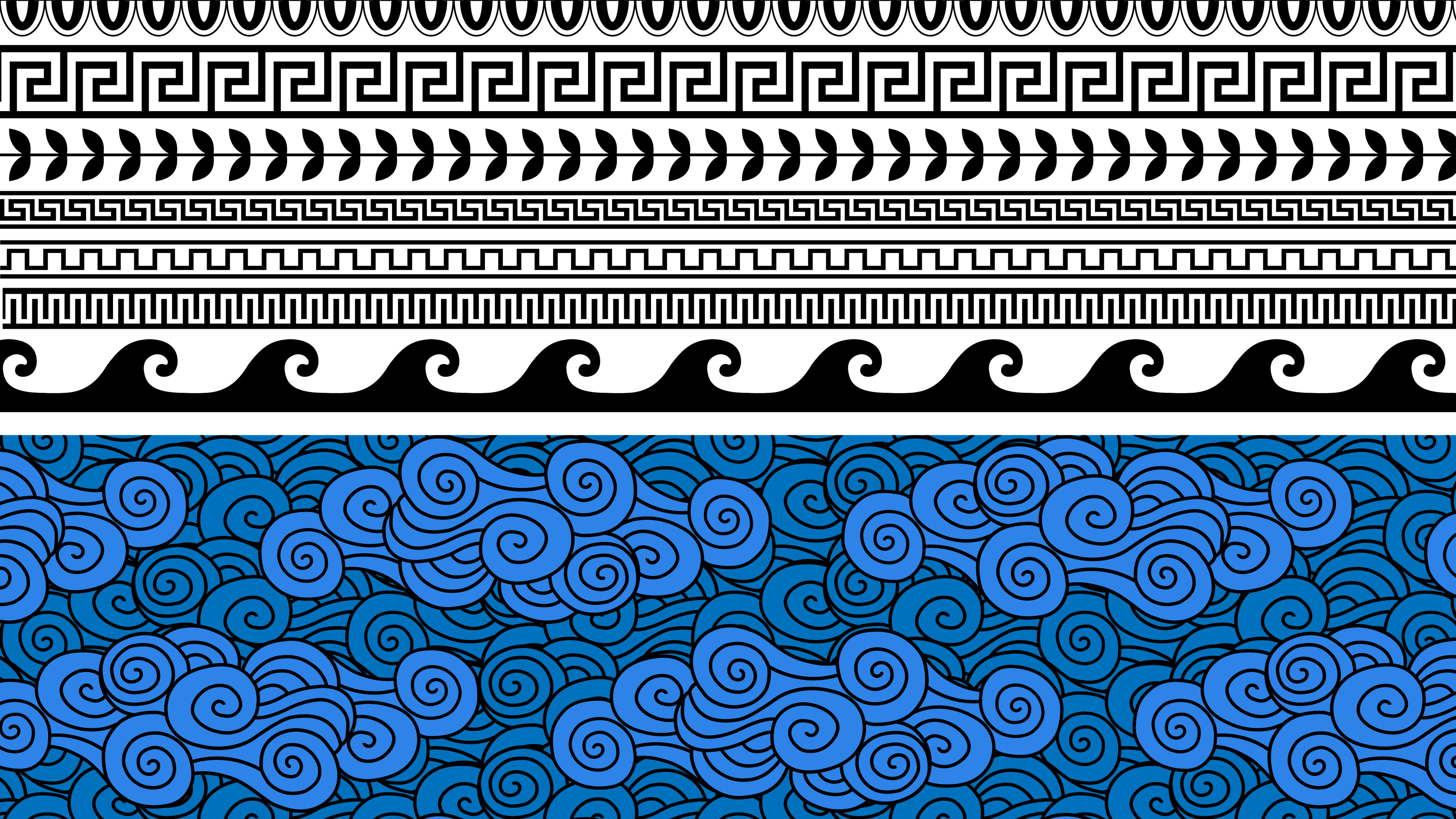 Here is the current selection of repeating patterns that will adorn different areas and objects. The cloud texture at the bottom is for my illustrator class but those assets will be repurposed to create clouds for this animation as well.
