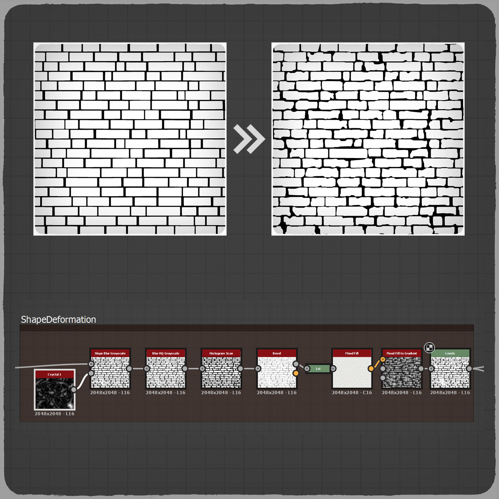 Next, I used the Slope Blur Grayscale node to add some deformations to the brick shape. This is a great method to make the bricks look more organic and natural.