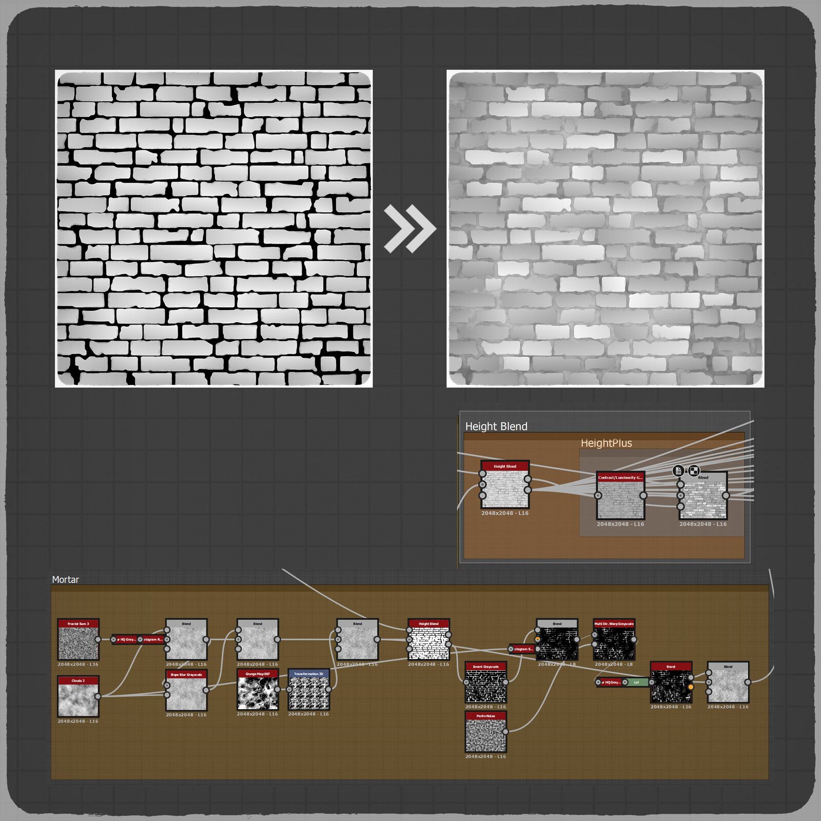 Here, I created the mortar that holds the bricks together and blended the bricks and mortar using the Height Blend node.