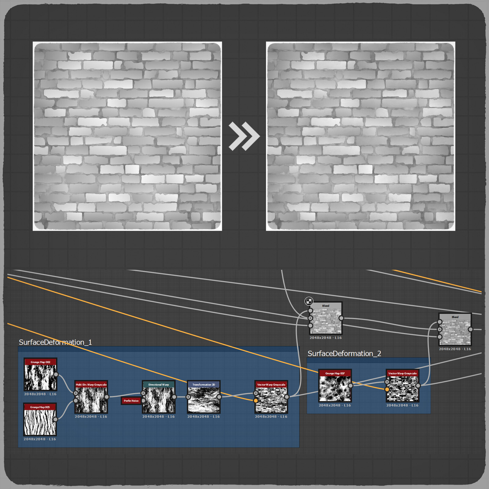 Here, to emphasize the aging effect again, I applied random deformations to the bricks.
