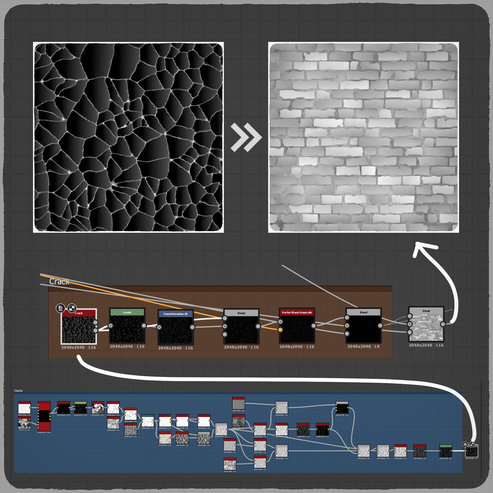 Finally, I added cracks to some of the bricks using the Crack node I had previously prepared.

