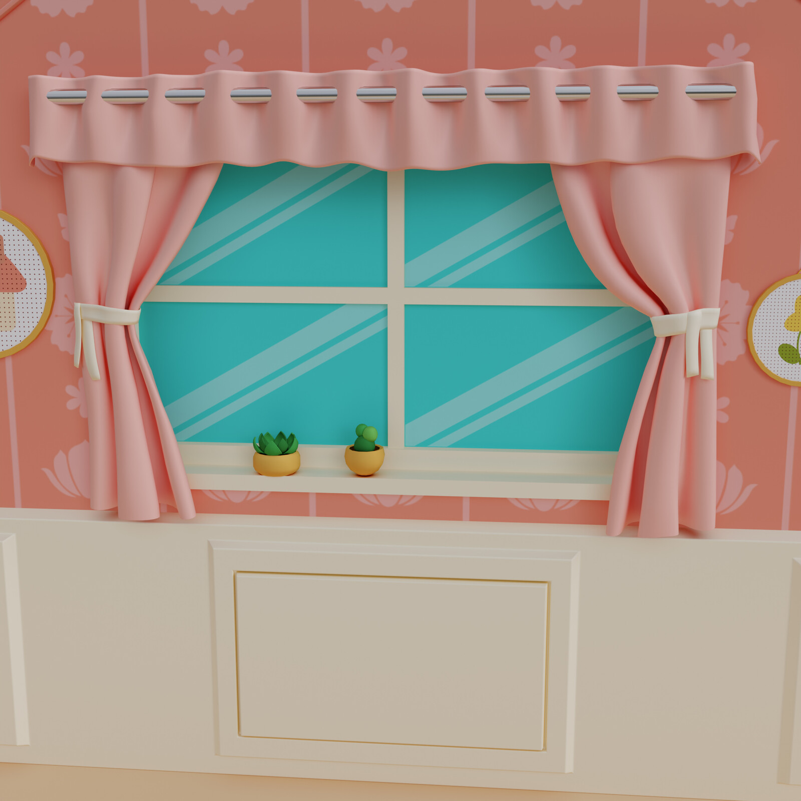 Ventana, cortinas y plantas