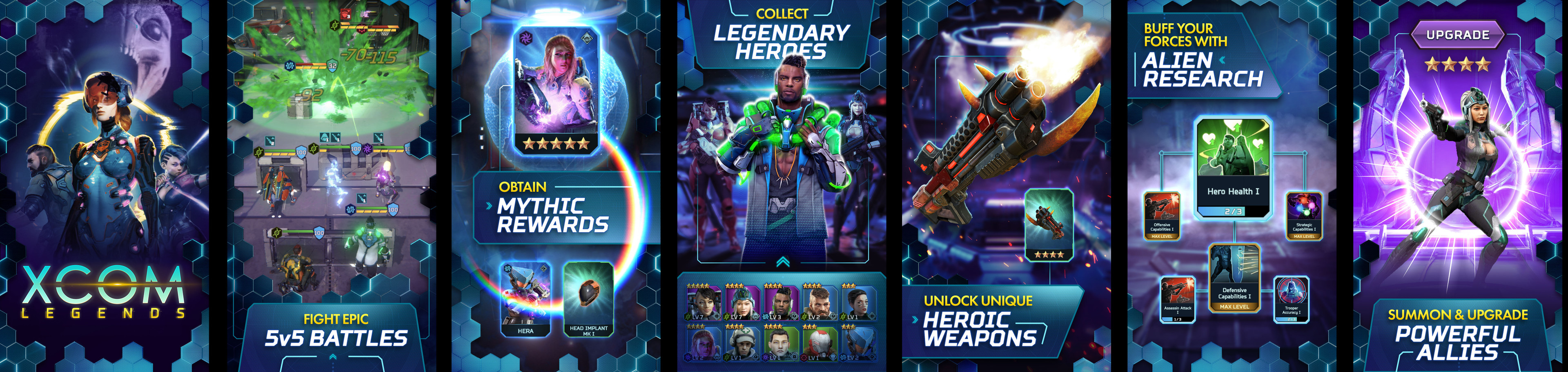 XCOM Legends | App Storefront Designs. Keywords: futuristic, dark sci-fi, epic. Needed to balance the amount of detail provided and support client directed CTAs. 
