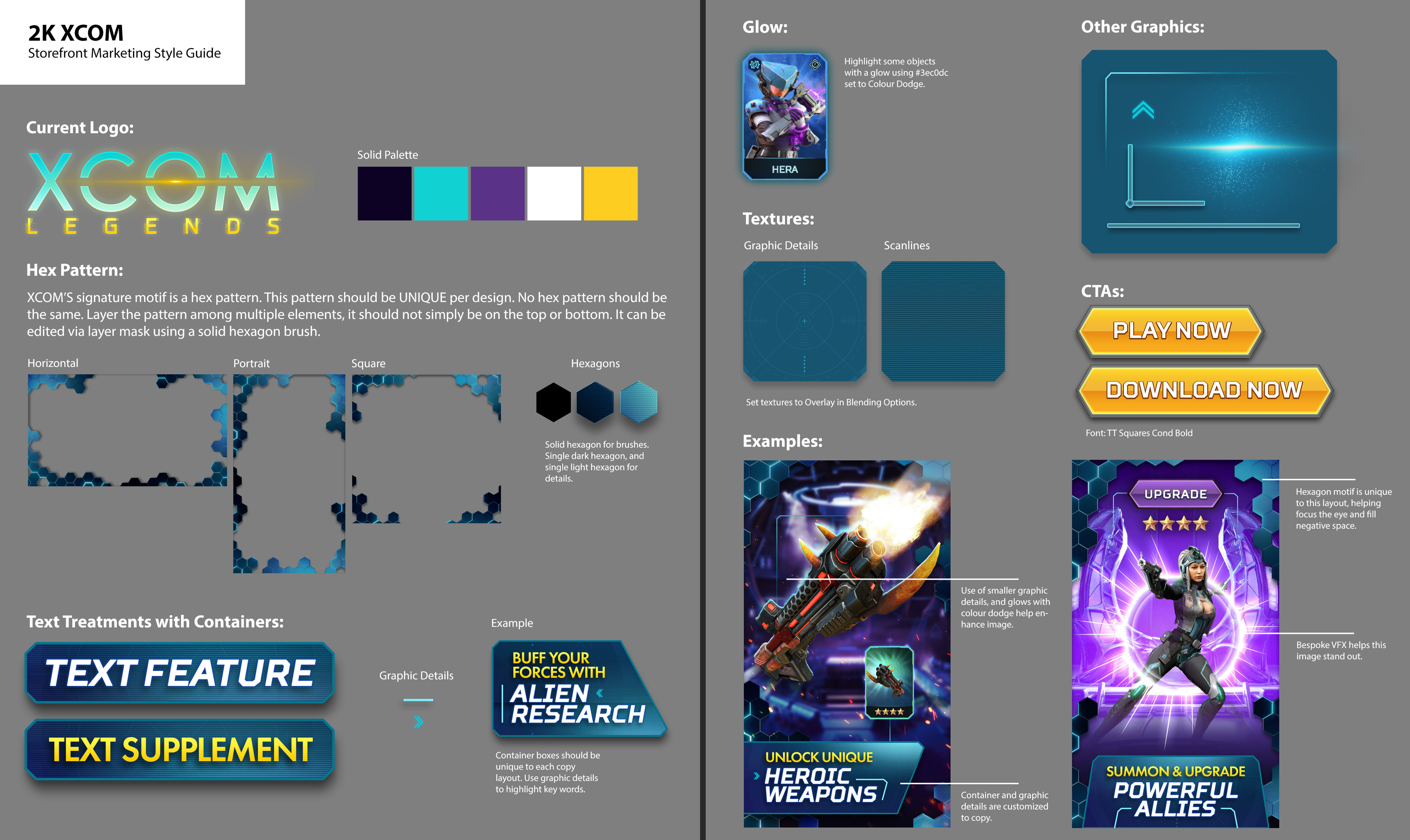 Storefront marketing guide for XCOM Legends. This, alongside the client's existing brand guidelines and assets, would be referenced for incoming campaign ad content for designers and producers. 