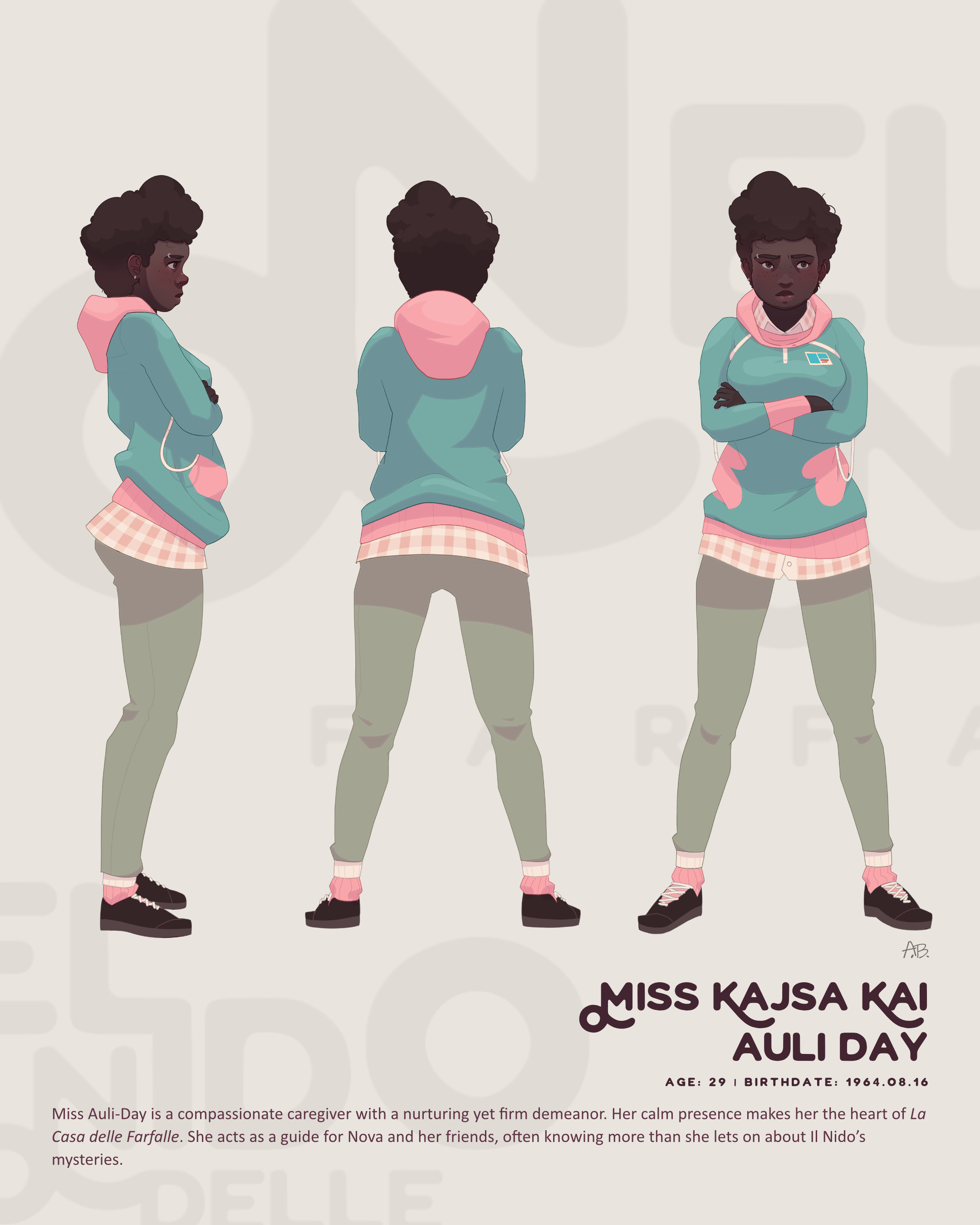 Miss Auli-Day is a compassionate caregiver with a nurturing yet firm demeanor. Her calm presence makes her the heart of La Casa delle Farfalle. She acts as a guide for Nova and her friends, often knowing more than she lets on about Il Nido’s mysteries.