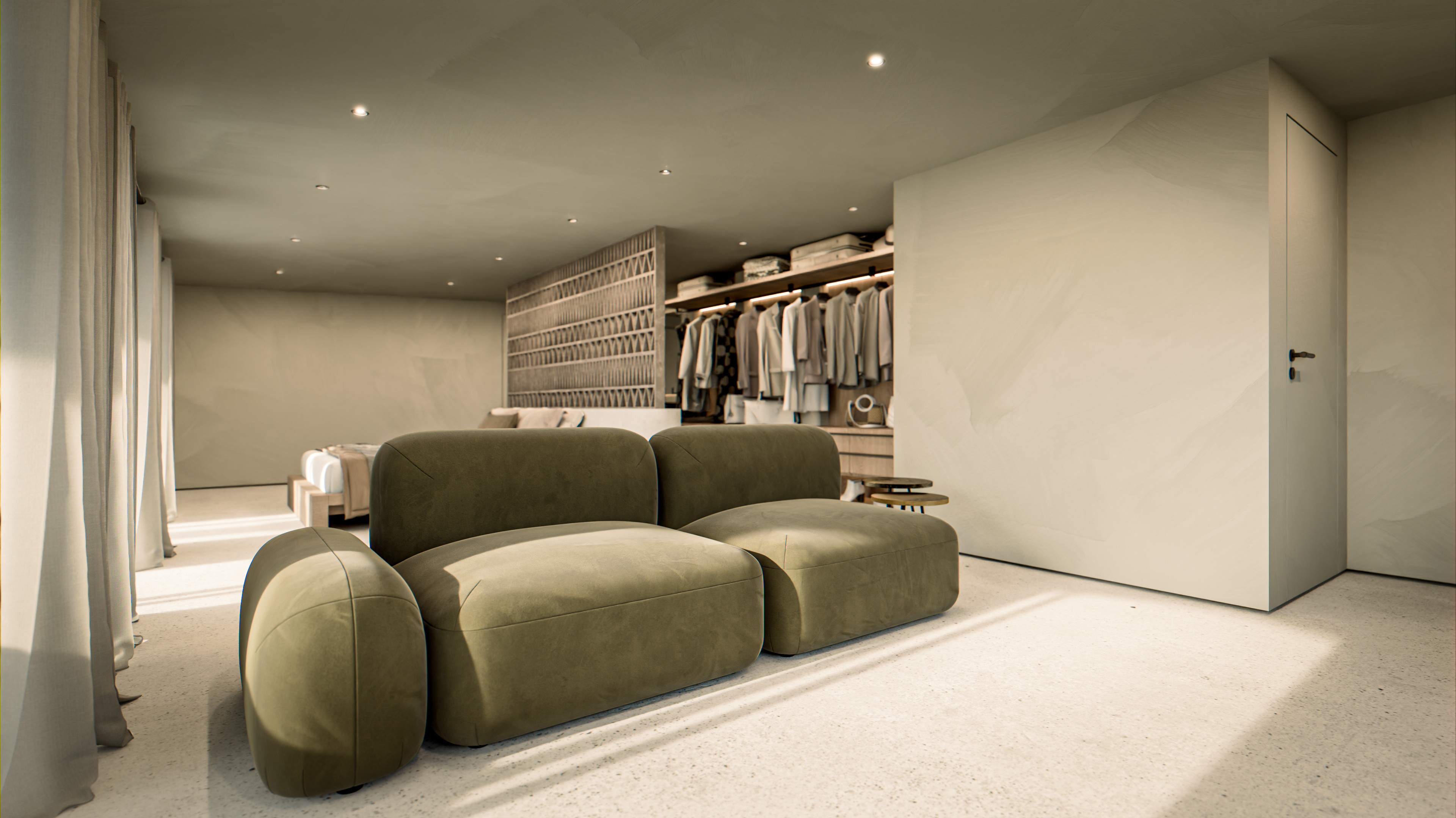 Master bedroom sofa detail shot.