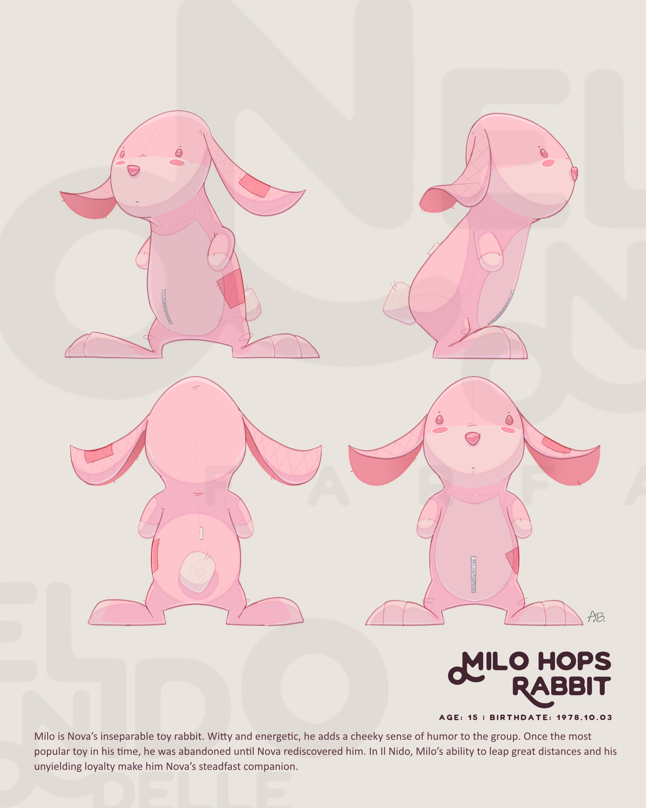 Milo is Nova’s inseparable toy rabbit. Witty and energetic, he adds a cheeky sense of humor to the group. Once the most popular toy in his time, he was abandoned until Nova rediscovered him. In Il Nido, Milo’s ability to leap great distances and his unyie