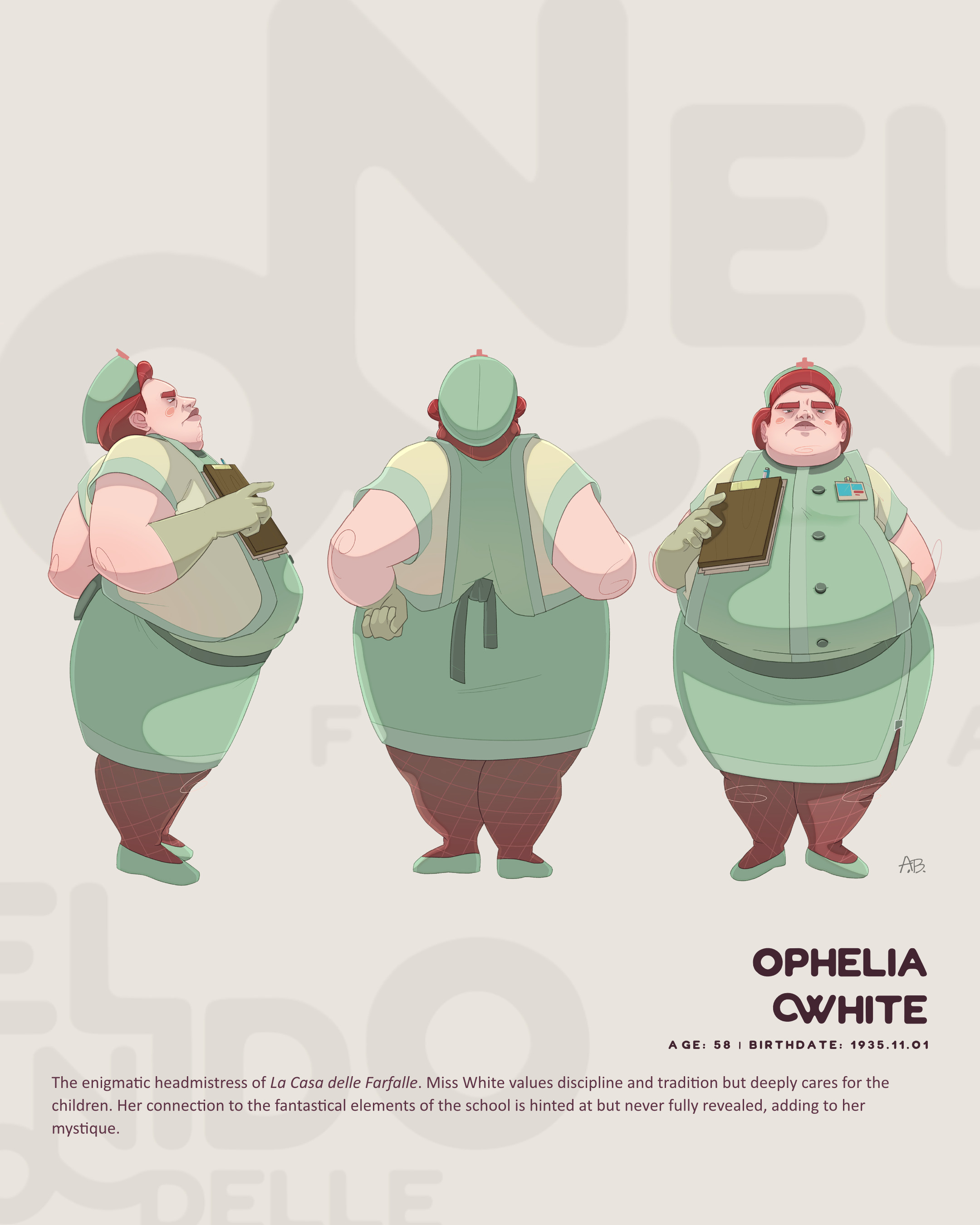 The enigmatic headmistress of La Casa delle Farfalle. Miss White values discipline and tradition but deeply cares for the children. Her connection to the fantastical elements of the school is hinted at but never fully revealed, adding to her mystique.