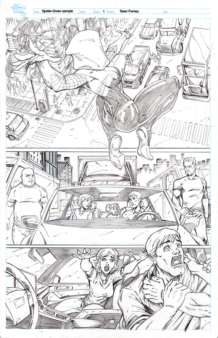 Spider-Gwen sample page 1 

Based on a test script.

Pencils by Sean Forney