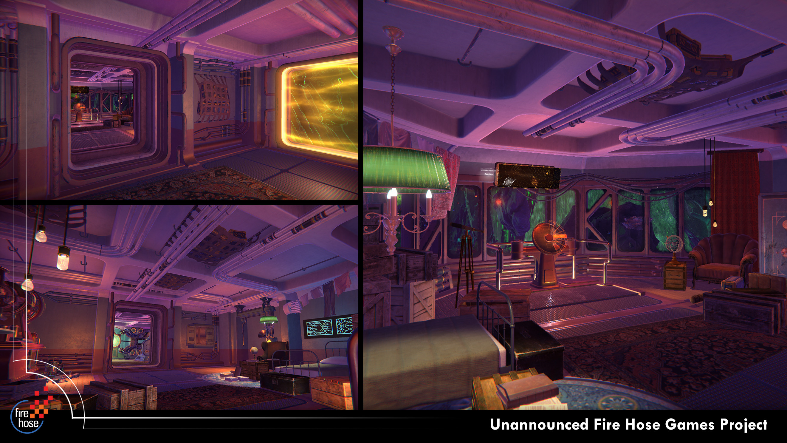 In-game screenshots of the starter ship interior, complete with machines and other set dressing.