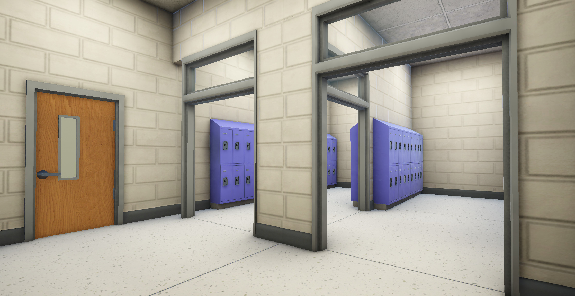 A locker room. The door leads out into a hall connected to the gymnasium.