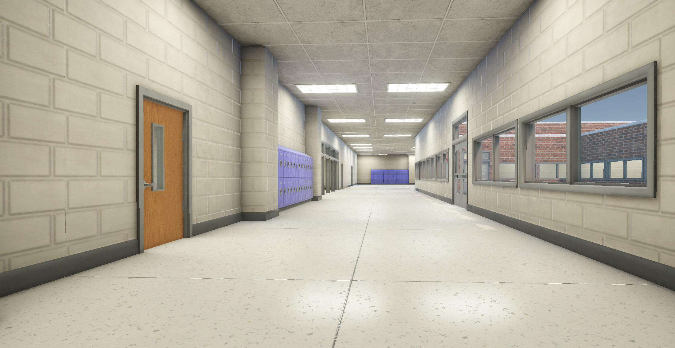 The first hallway of Thornewood High. To the right is a small courtyard. Each classroom that borders it has windows that look out into it. 