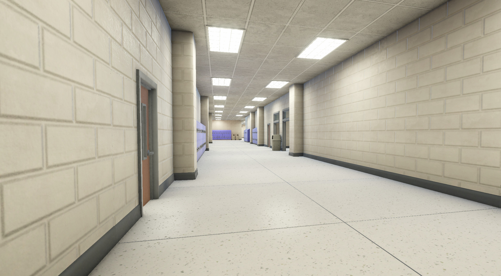 This hallway leads from the central area towards the west wing, where the gymnasium and auditorium sit.