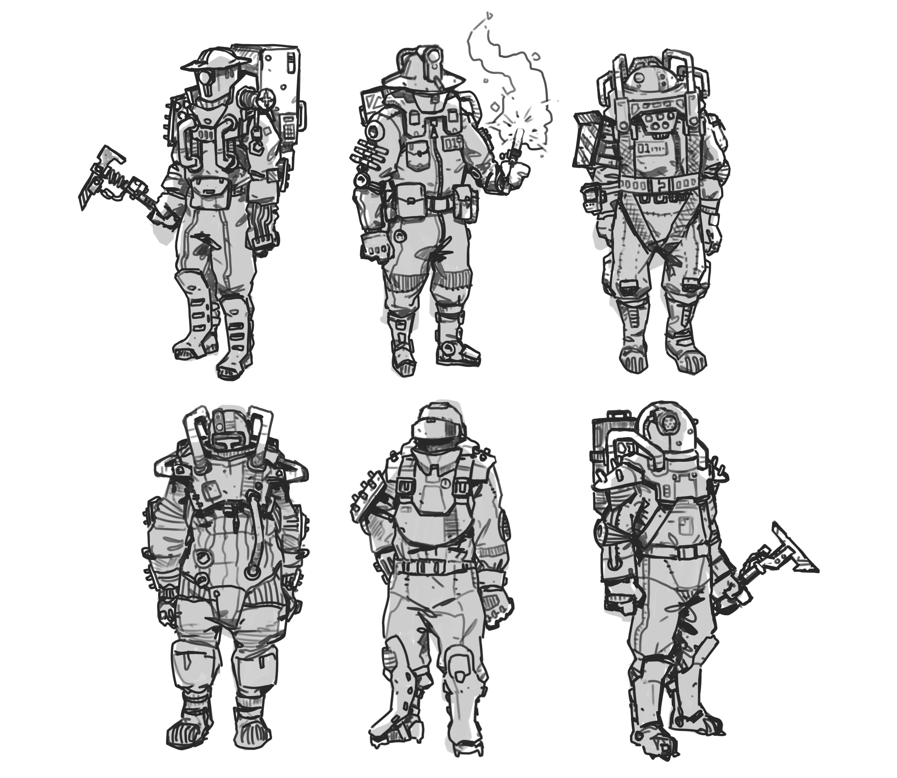 The earliest concepts were fairly heavy-duty and burly. We eventually deicded that this direction was a bit too militaristic for the vibe of the game.