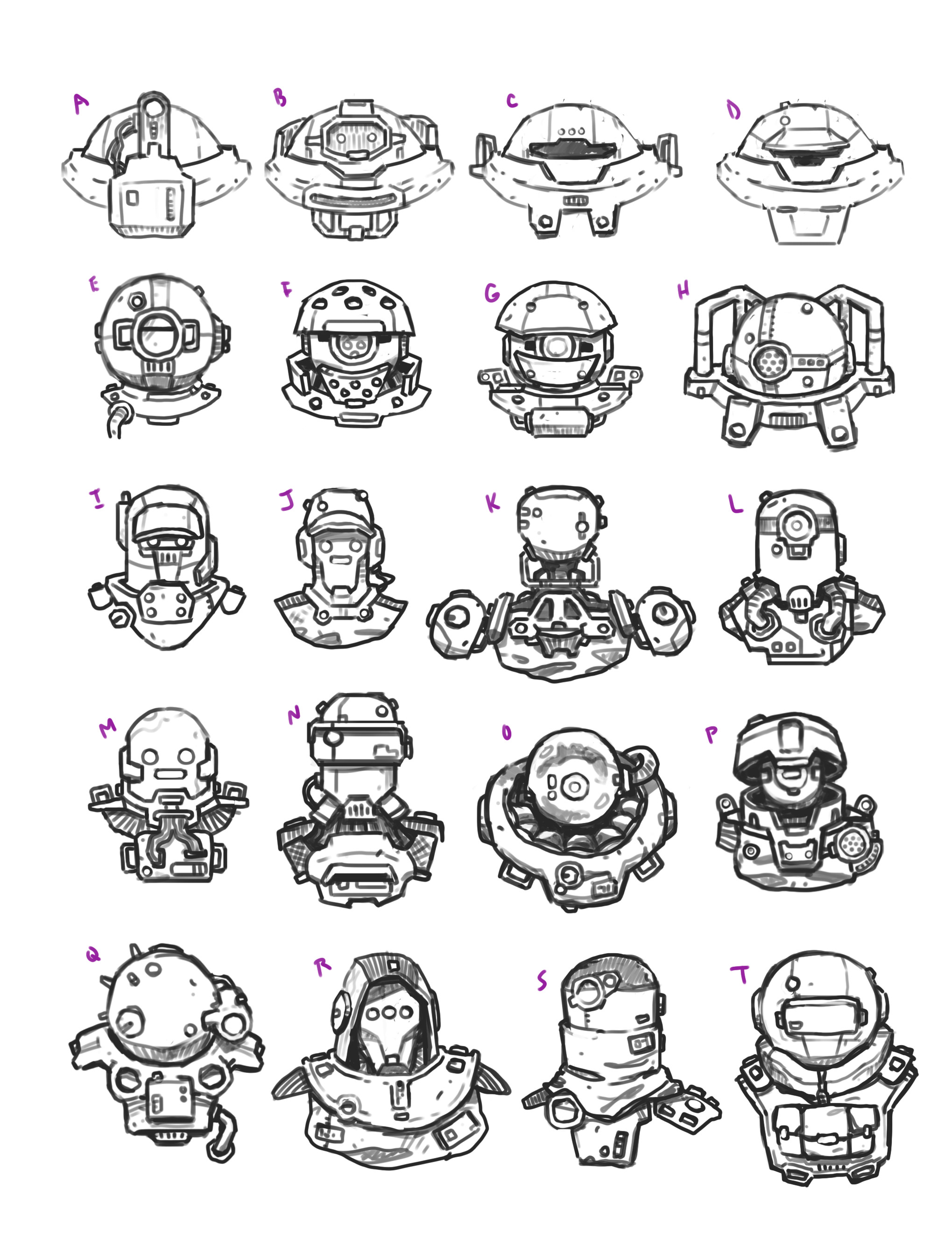Head design. At this stage we weren't settled on whether the character was a robot or ambiguously human. If you want to find out where we landed on that question, you'll have to play the game!