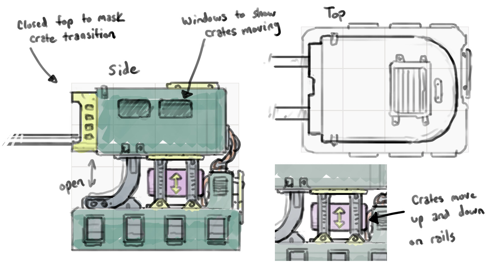 And early design for the Monorail Depot, which acts as a hub for transporting goods via small carts along a spline-based rail system.