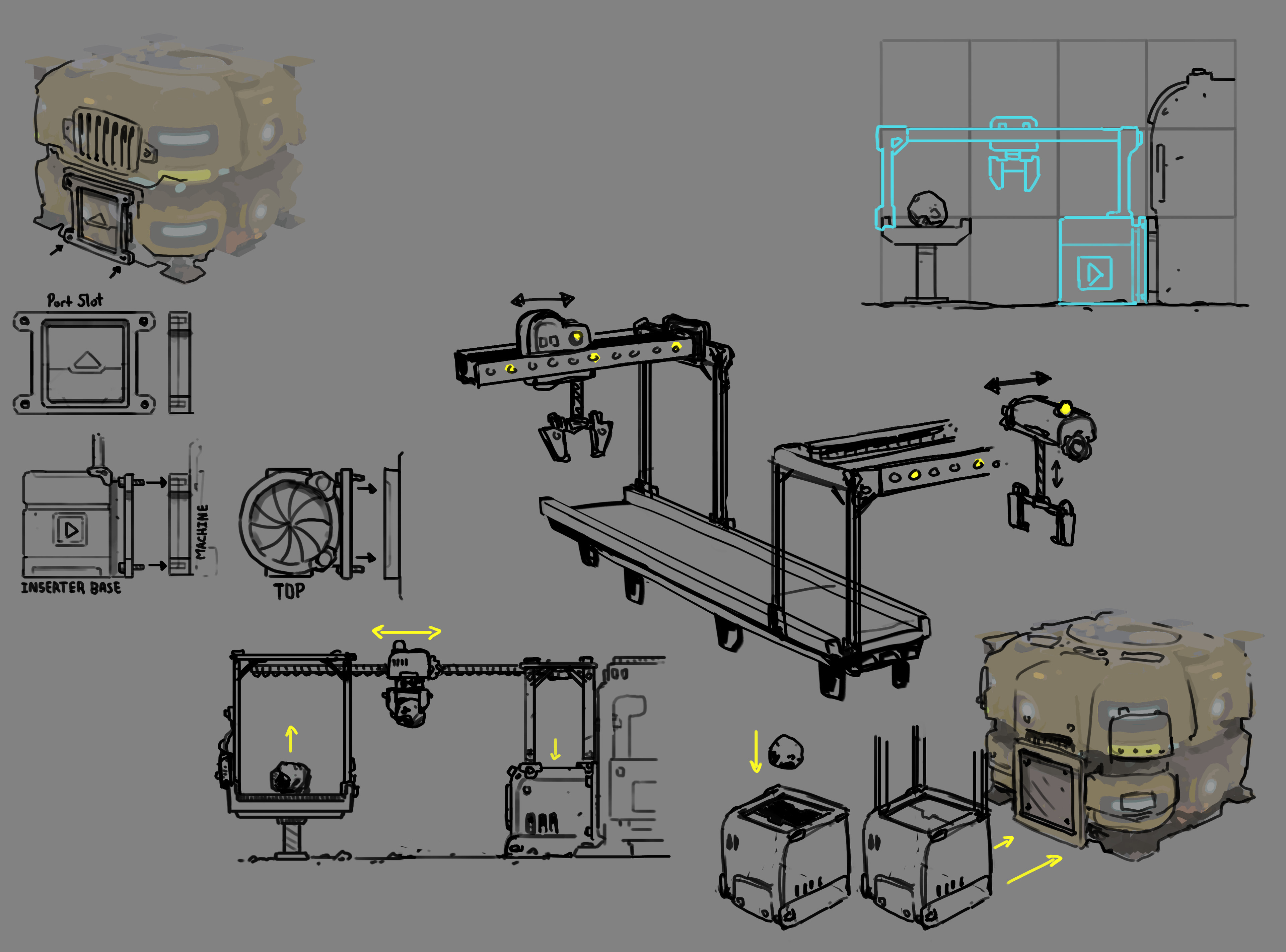 A top-loading design in which each inserted had a crane-game-esque track that connected directly to conveyors and machines. 