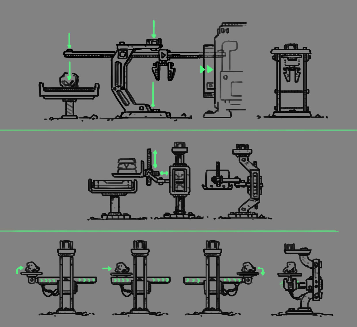 A couple earlier versions of the overhead track. They proved to be too bulky and complex for the animations to fit actual throughput in game.