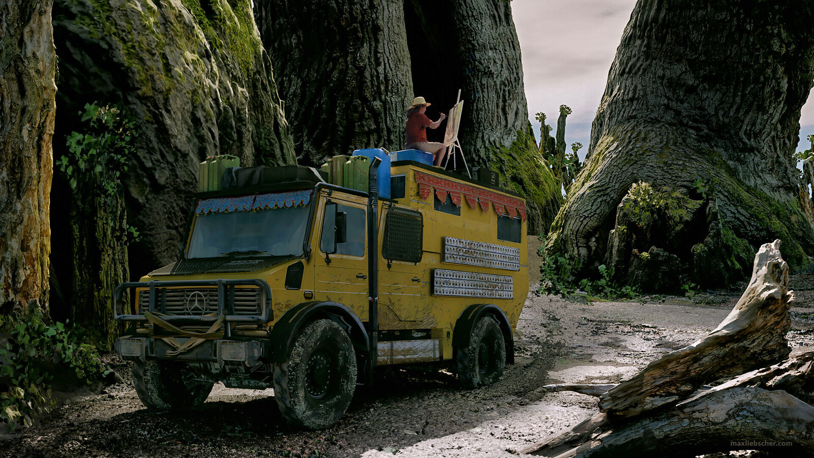 Tree giants getting painted from the top of a yellow unimog.
