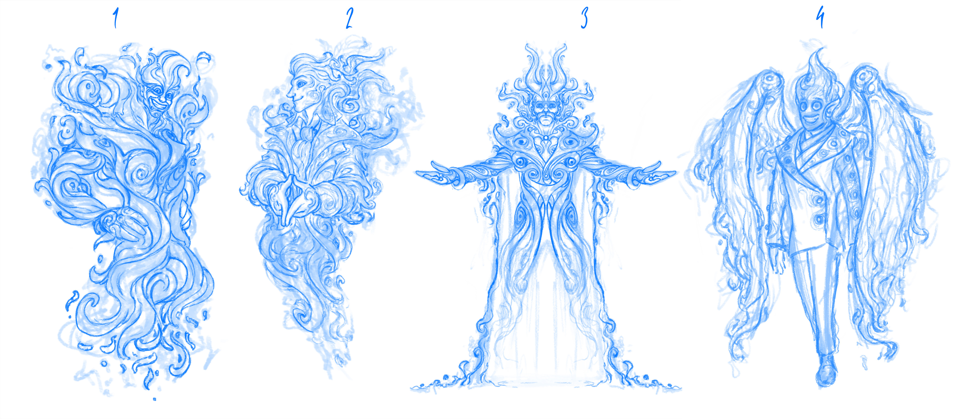 I had an idea that maybe this character could be manifesting himself from the game. I used the sketching style of the other artist to help make the concepts more cohesive. 