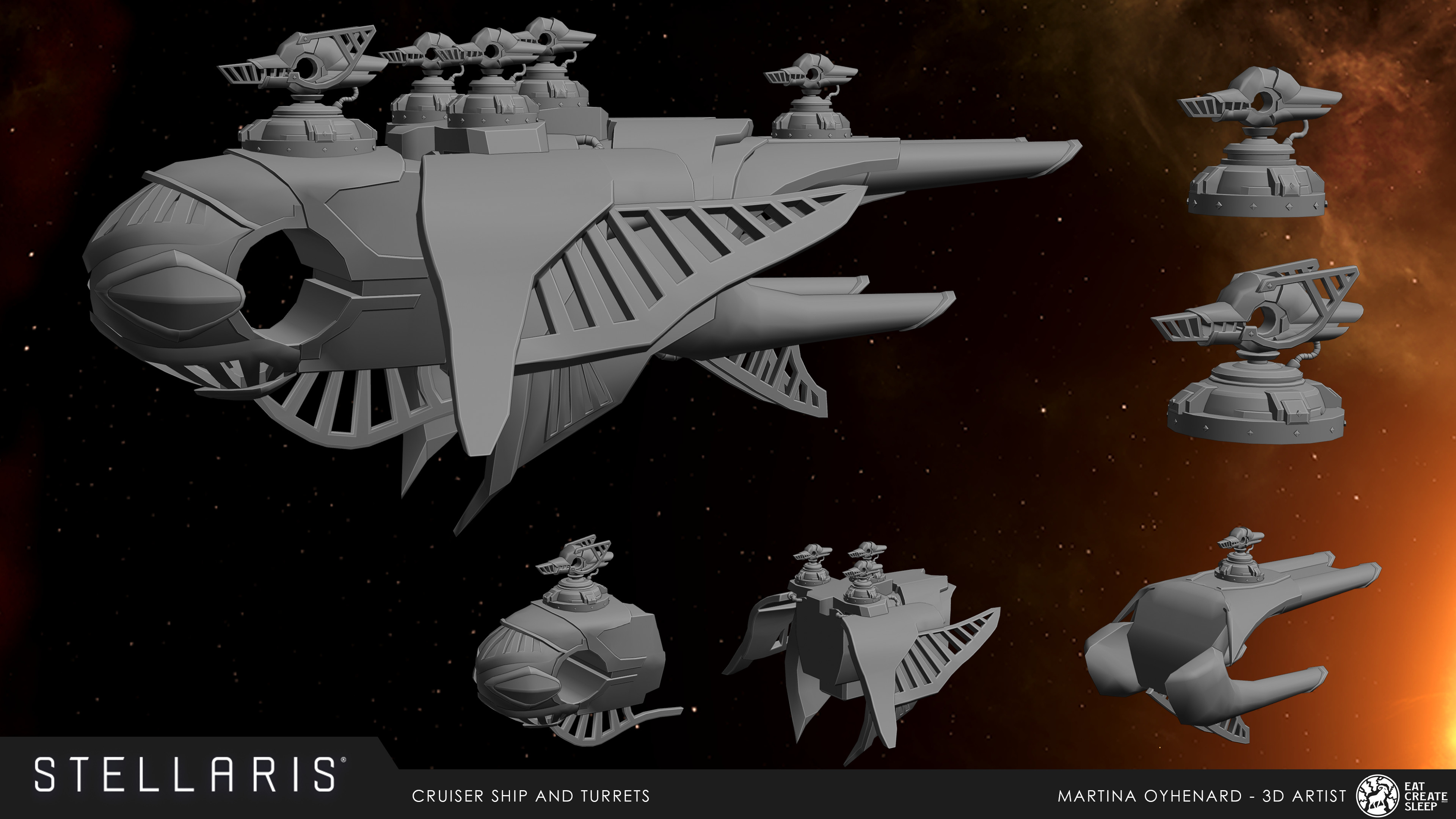 Cruiser ship and turrets 3D models