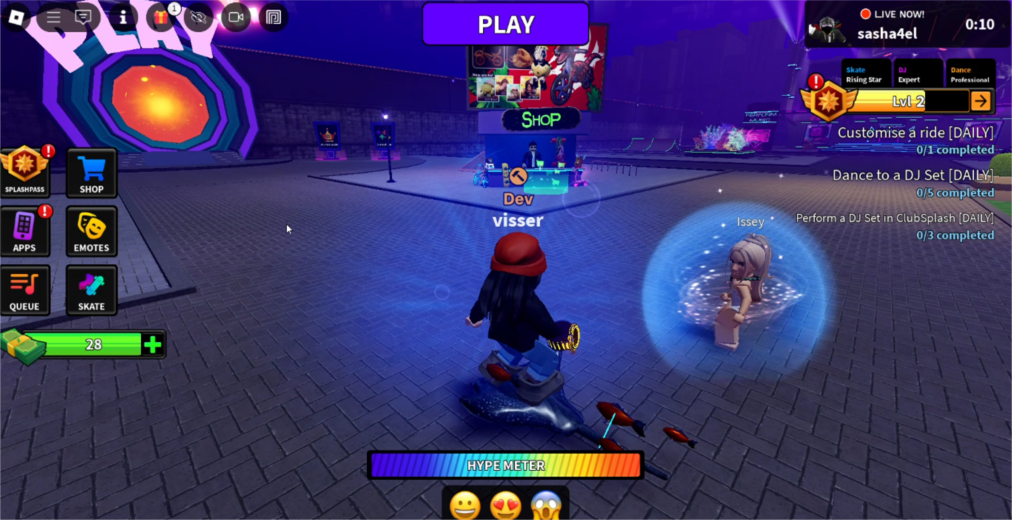 The general interface for the game. Splash on Roblox has a markedly different look and feel to many other games on the platform, having a neon-drenched aesthetic.