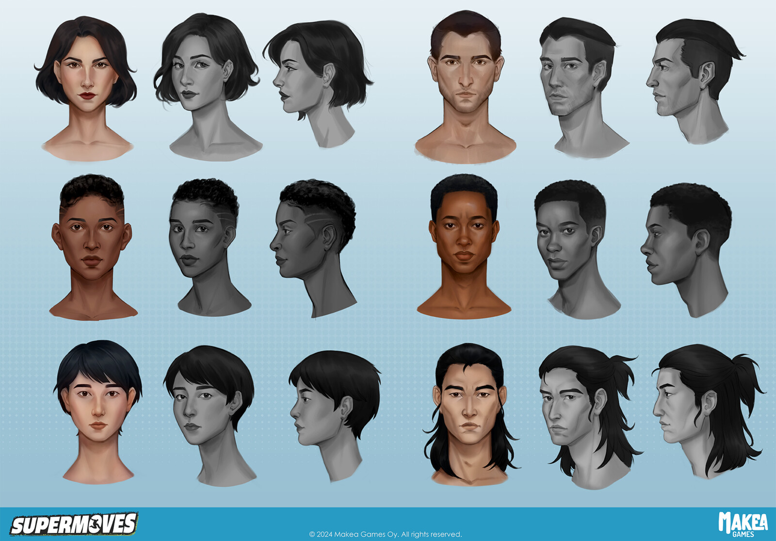 Head variations &amp; turnarounds. I drew a bunch of these for this project :)
