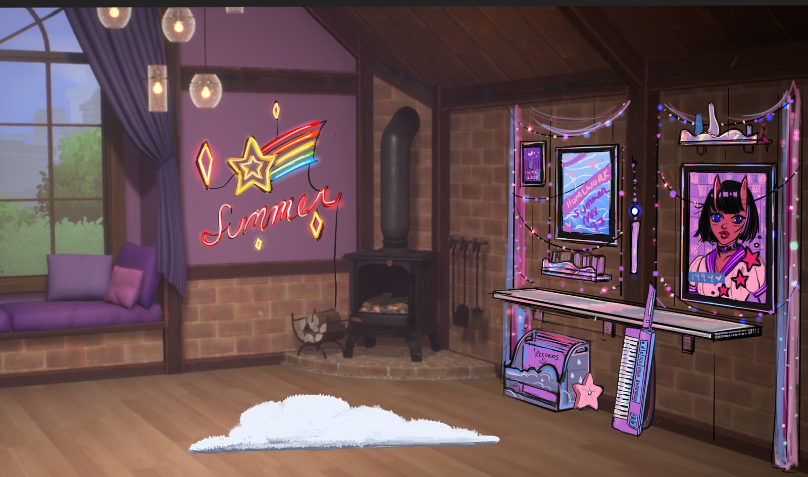 A 90s aesthetic room with lots of pink and neon.