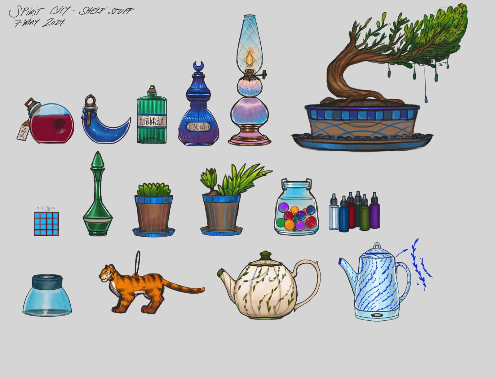 Various props for the game, to include lamps, potion bottles and a kettle.