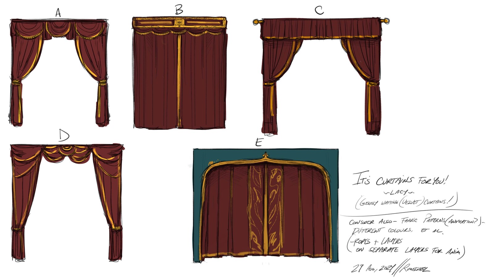 These were the curtain concepts I passed to the producer I was working with to ask which they'd prefer.