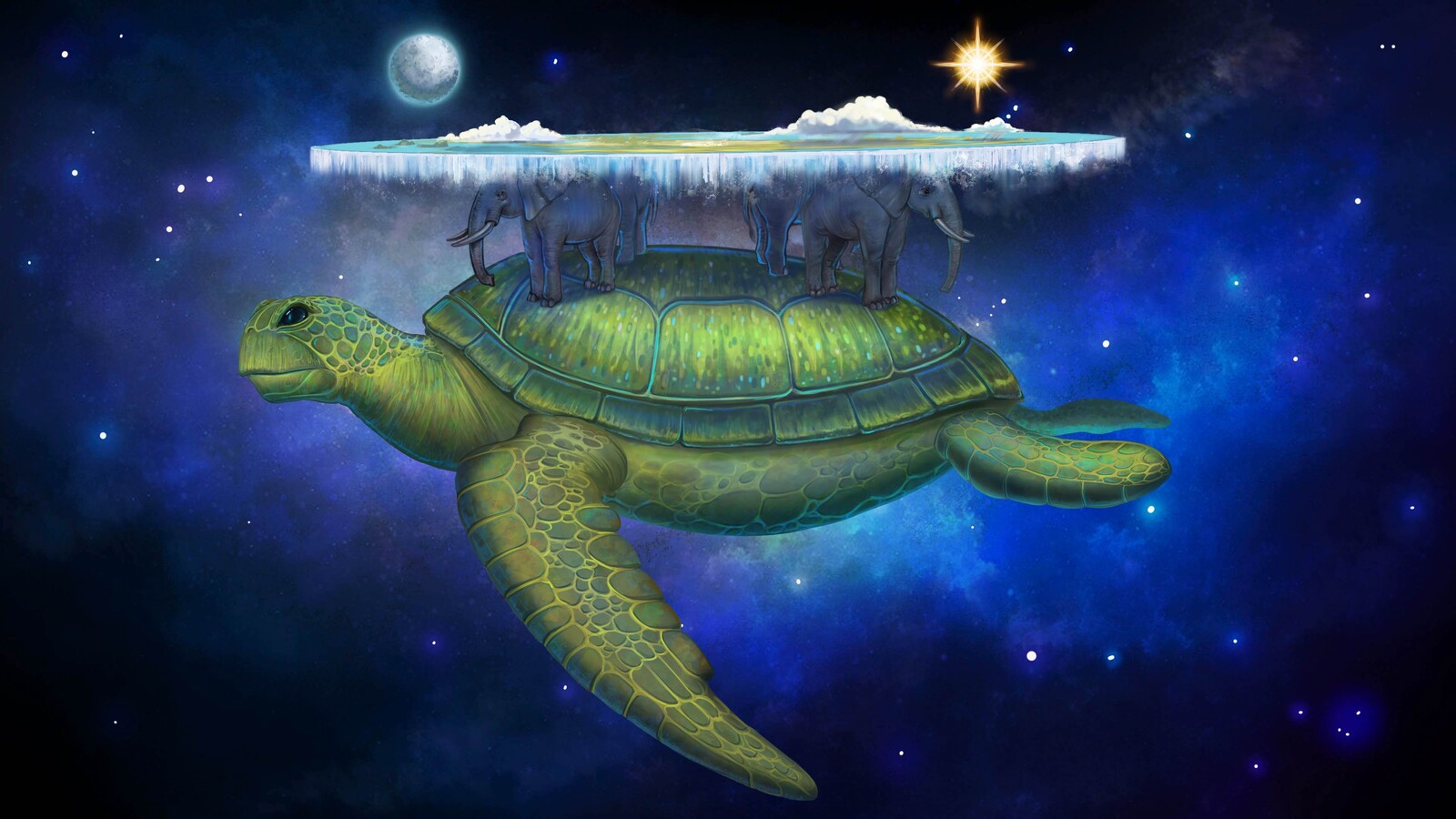 A'Tuin with their front fin down. All of these assets - even the heads of the elephants and the waterfall, sun and moon had to be on separate layers. 